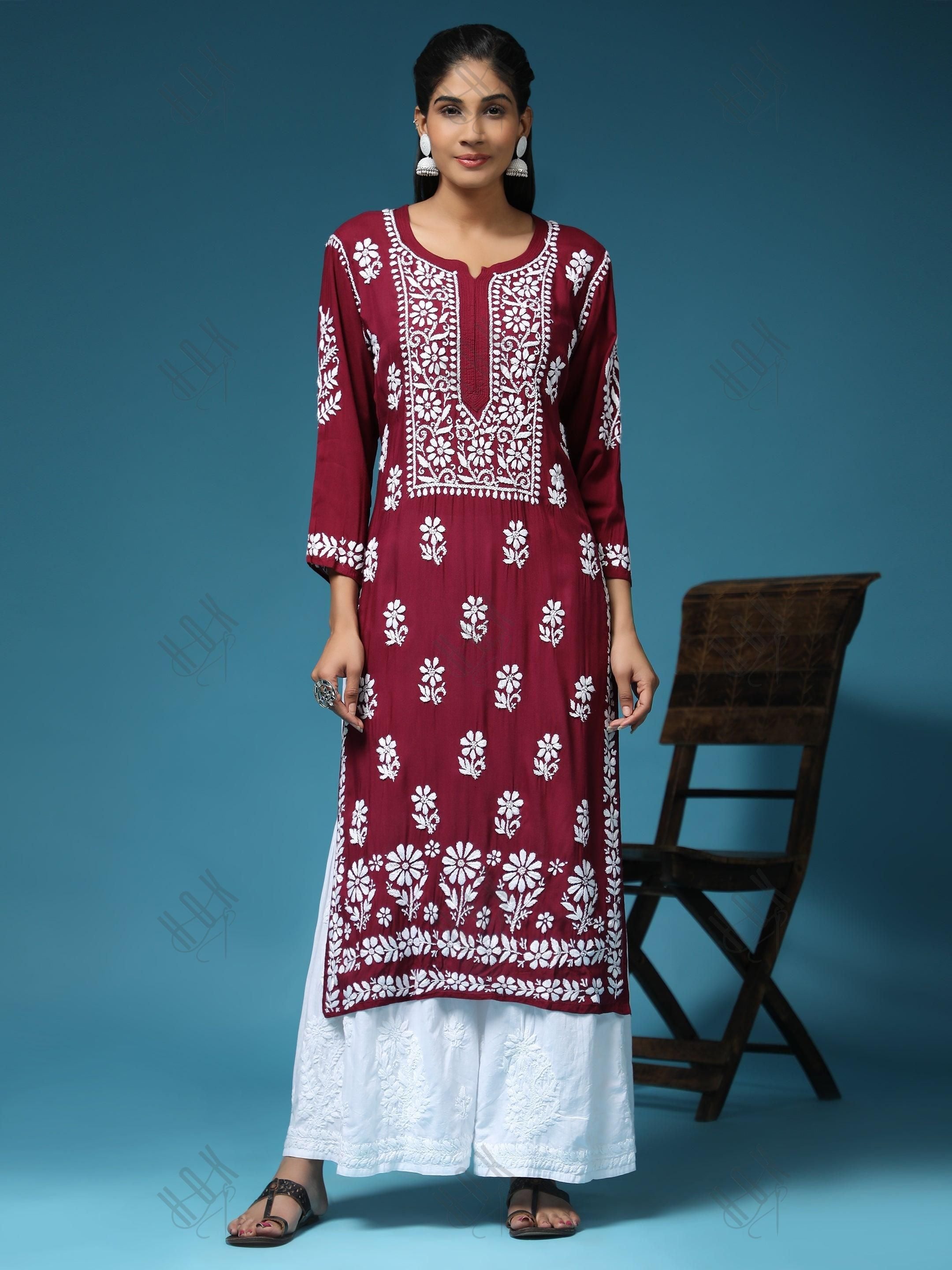 Pooja Gor in Premium Hand Embroidery Chikankari Kurta Modal Cotton- Maroon - House Of Kari (Chikankari Clothing)