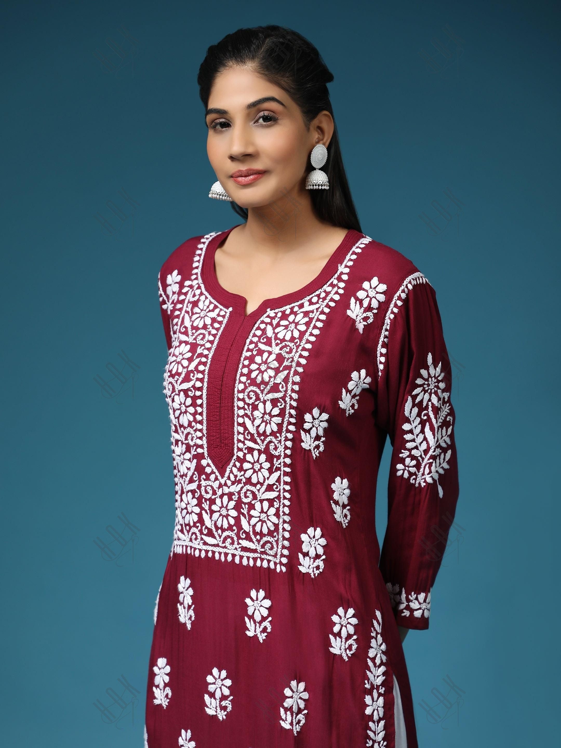 Pooja Gor in Premium Hand Embroidery Chikankari Kurta Modal Cotton- Maroon - House Of Kari (Chikankari Clothing)