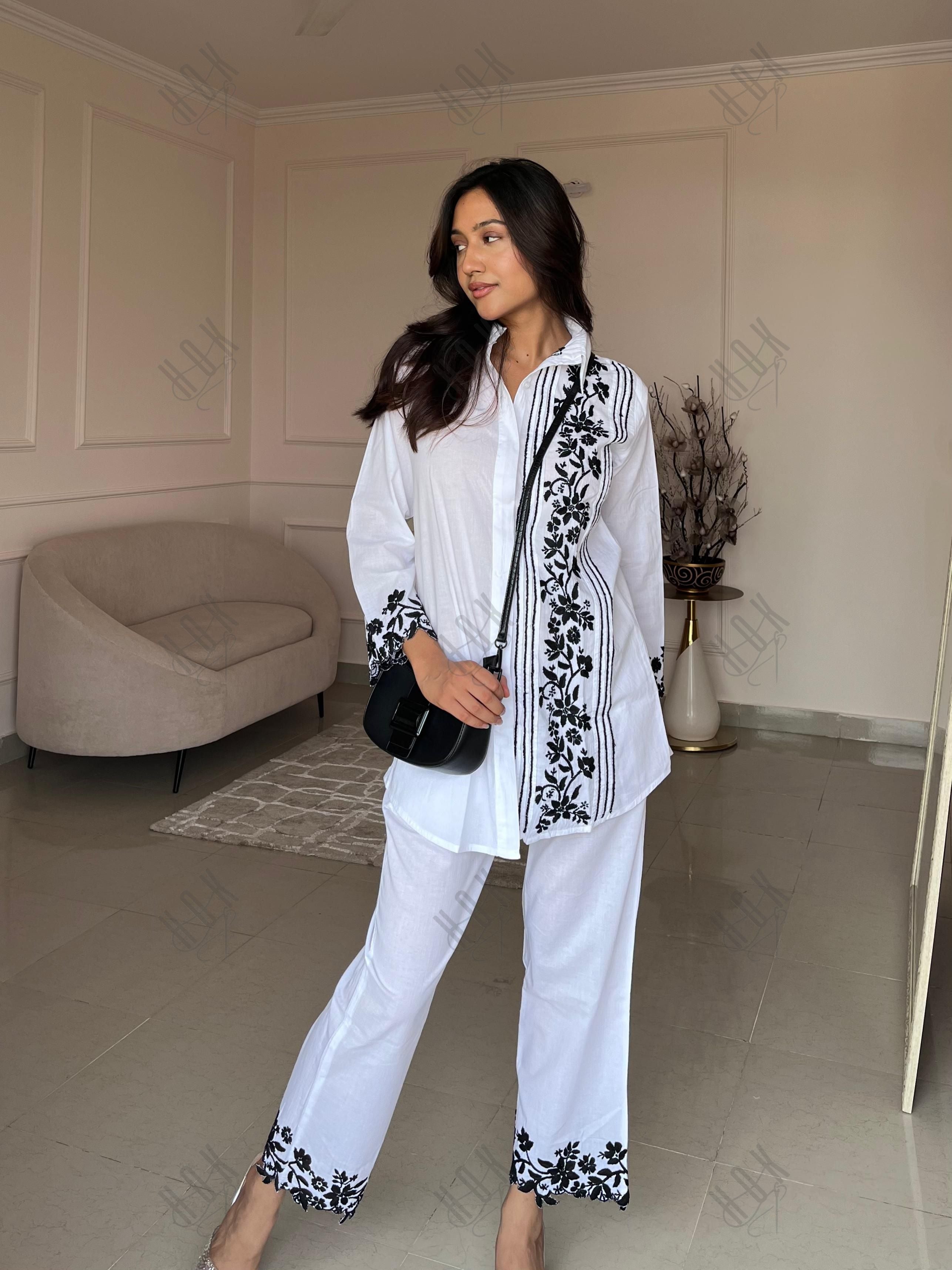 Anushka in Saba Chikankari Co-ord Set in Cotton Cambric - White With Black