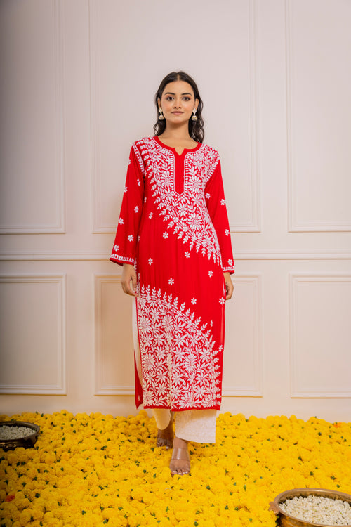 Cotton Red Embroidered Chikankari Suit Set in Lucknowy Style | Embroidered  top designs, Chikankari suits, Cotton gowns