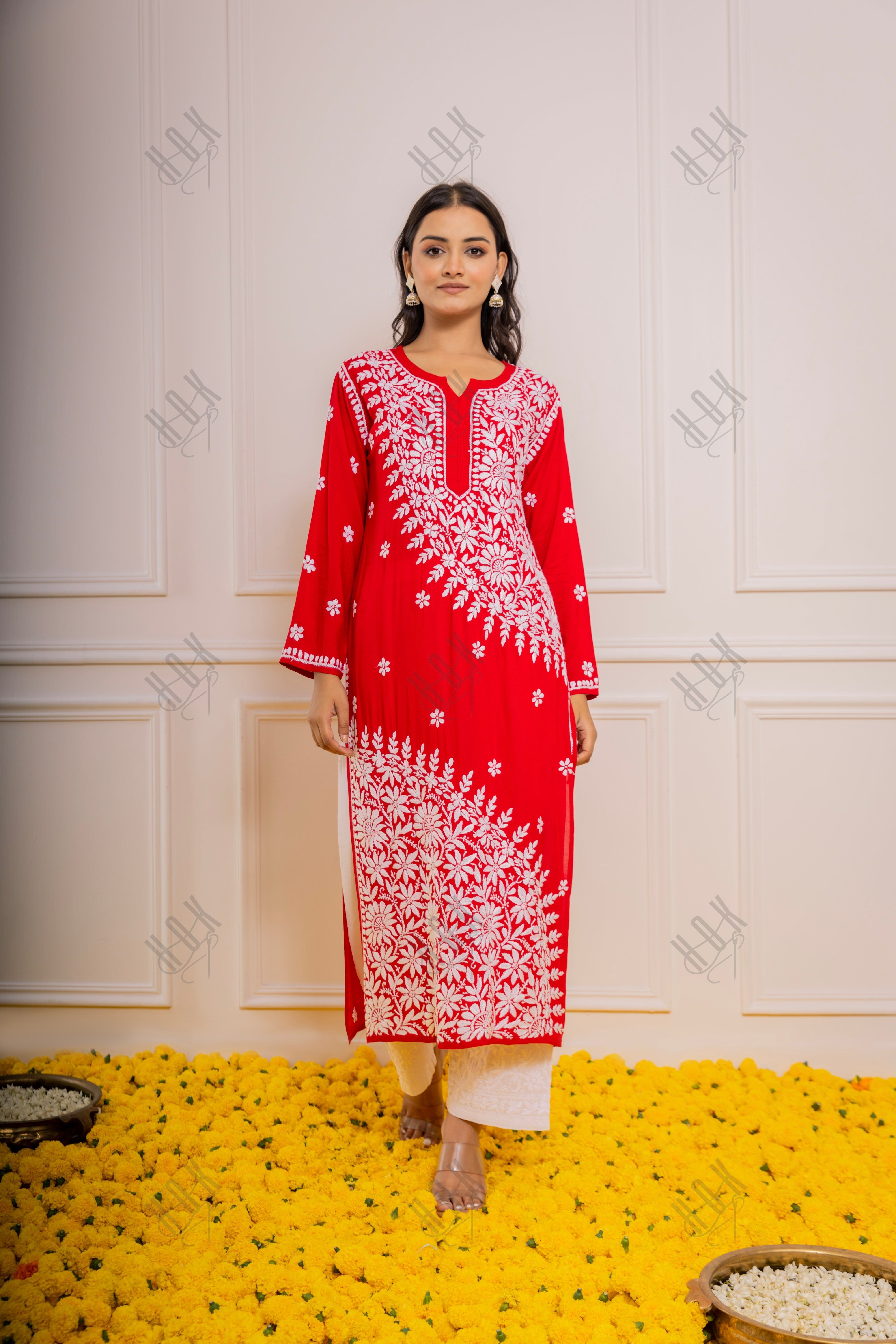 Aanchal Hans in Red Fizaa Chikankari Modal Cotton Kurta