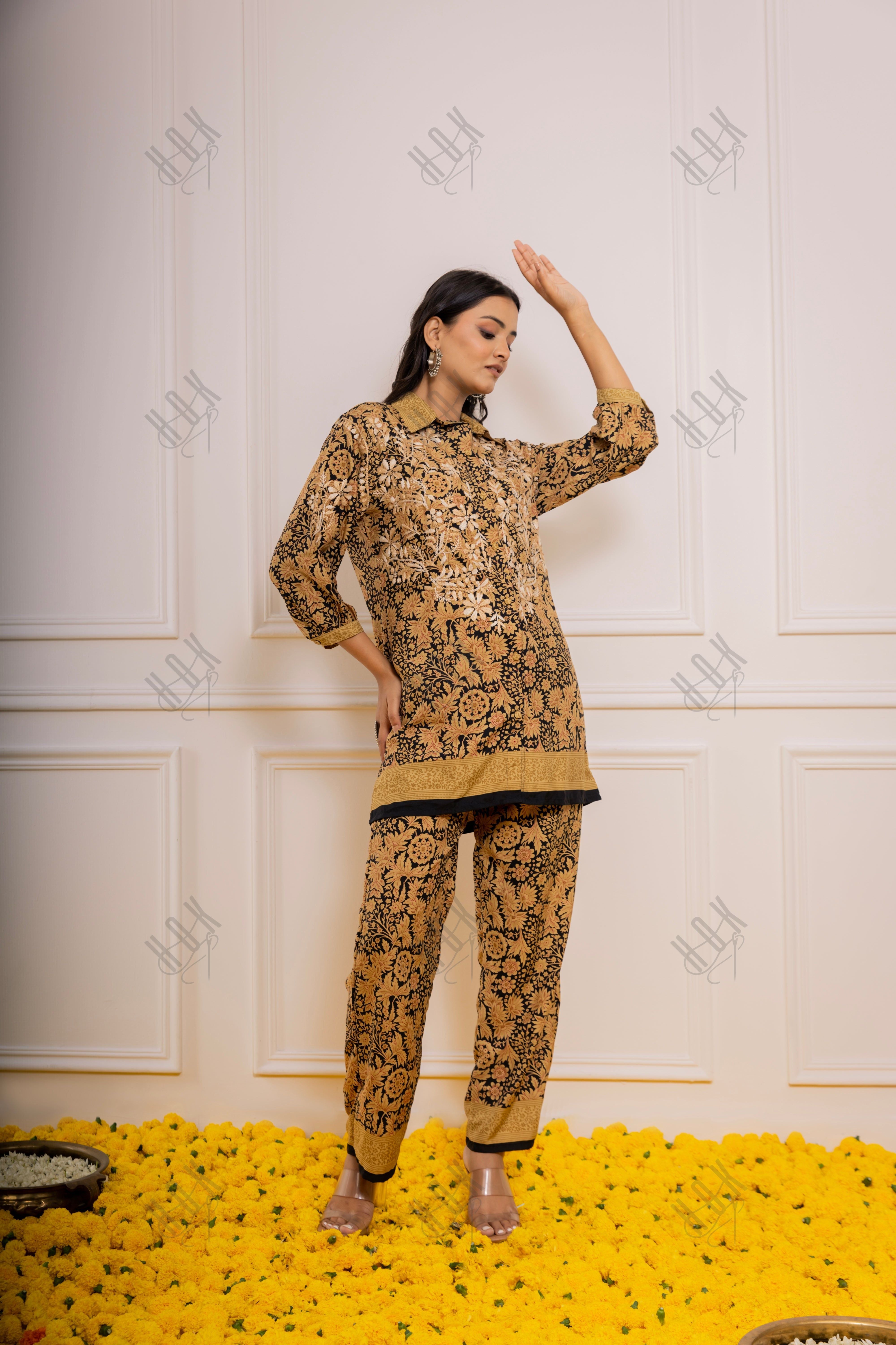 FIzaa Black and Golden Silk Print Set with Beige Hand Embroidery