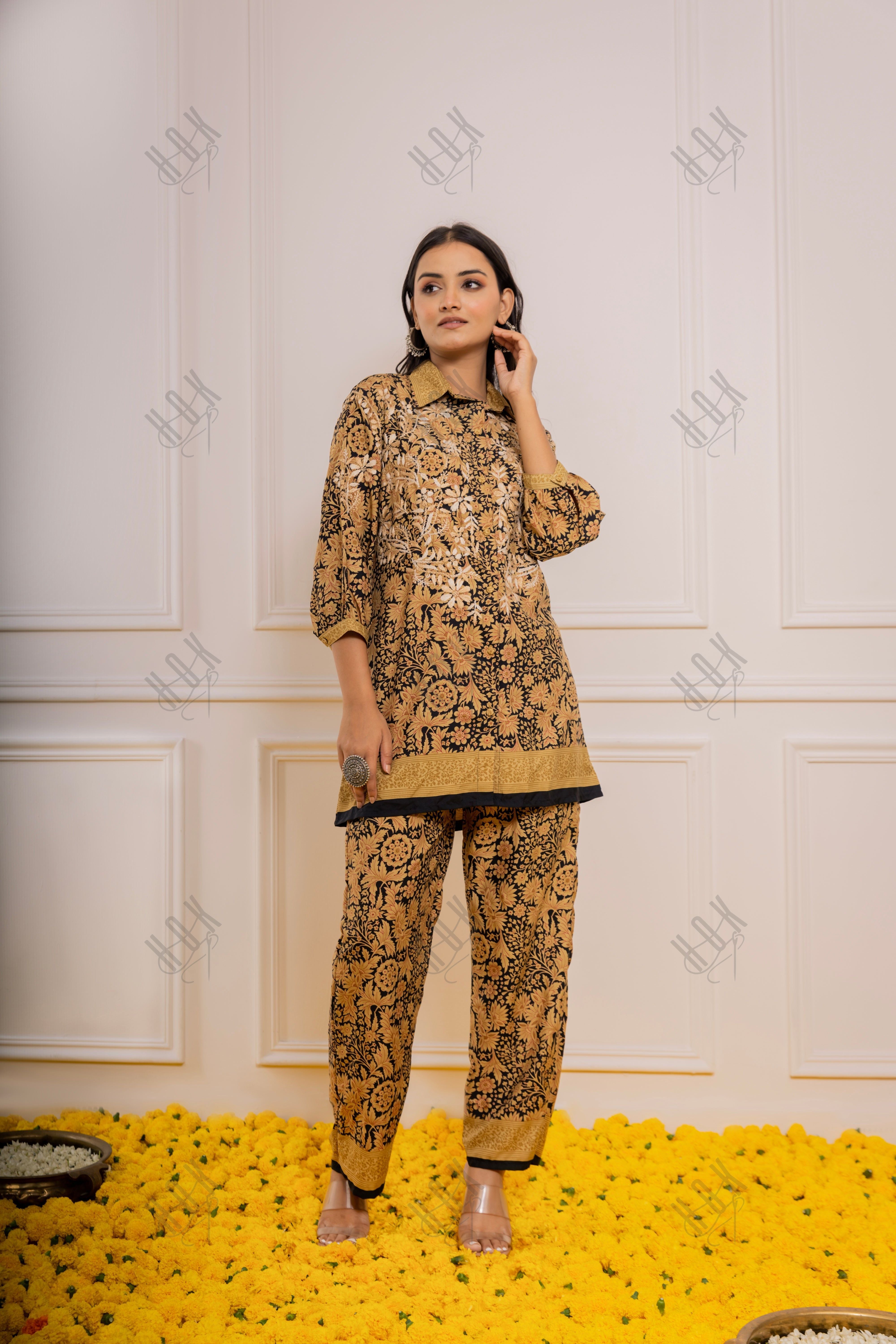 FIzaa Black and Golden Silk Print Set with Beige Hand Embroidery