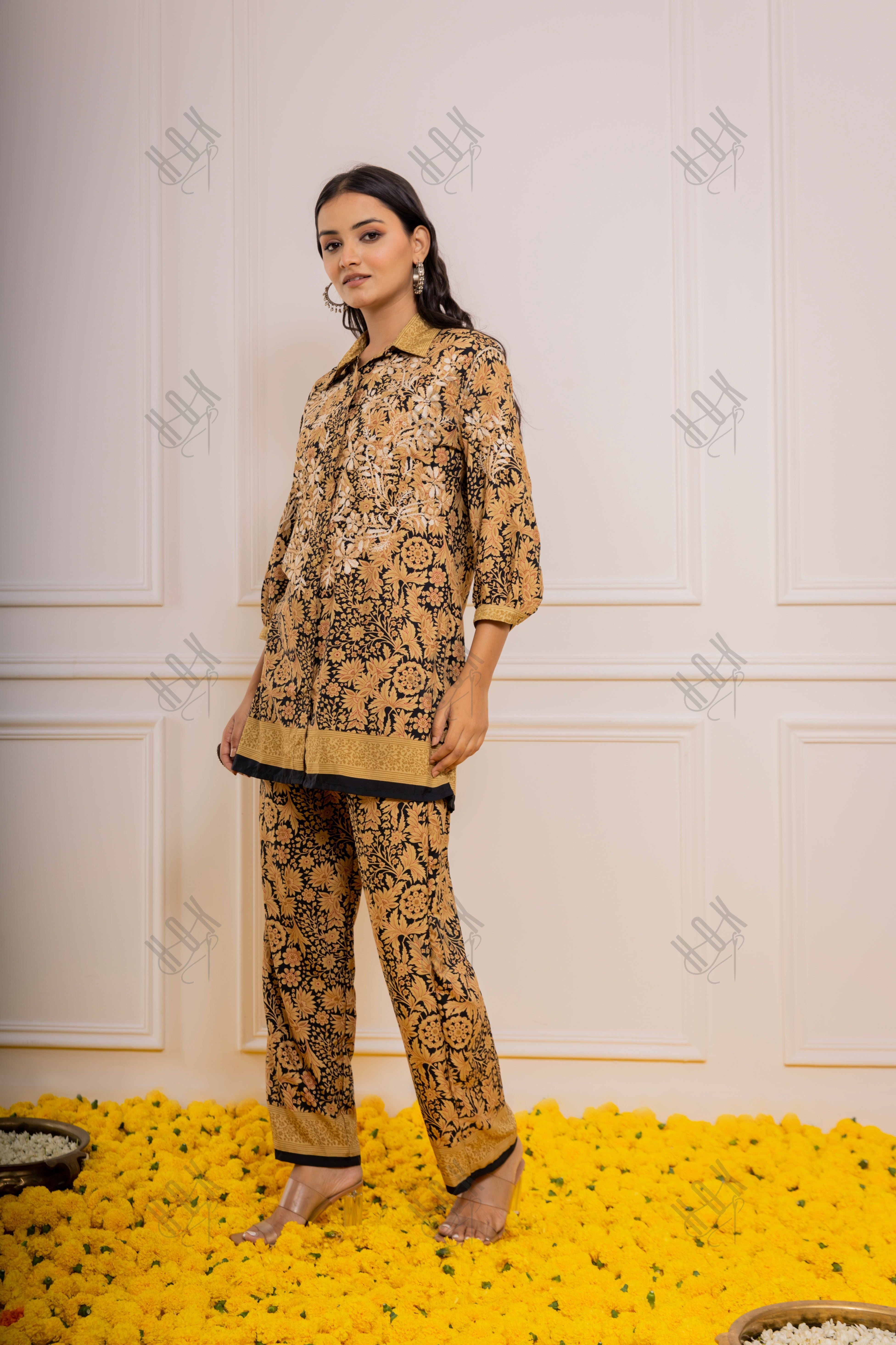 FIzaa Black and Golden Silk Print Set with Beige Hand Embroidery