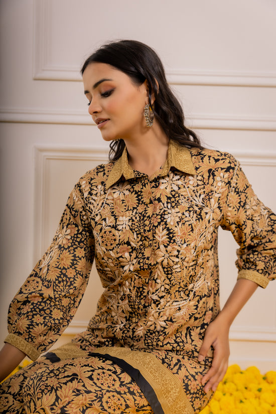 FIzaa Black and Golden Silk Print Set with Beige Hand Embroidery