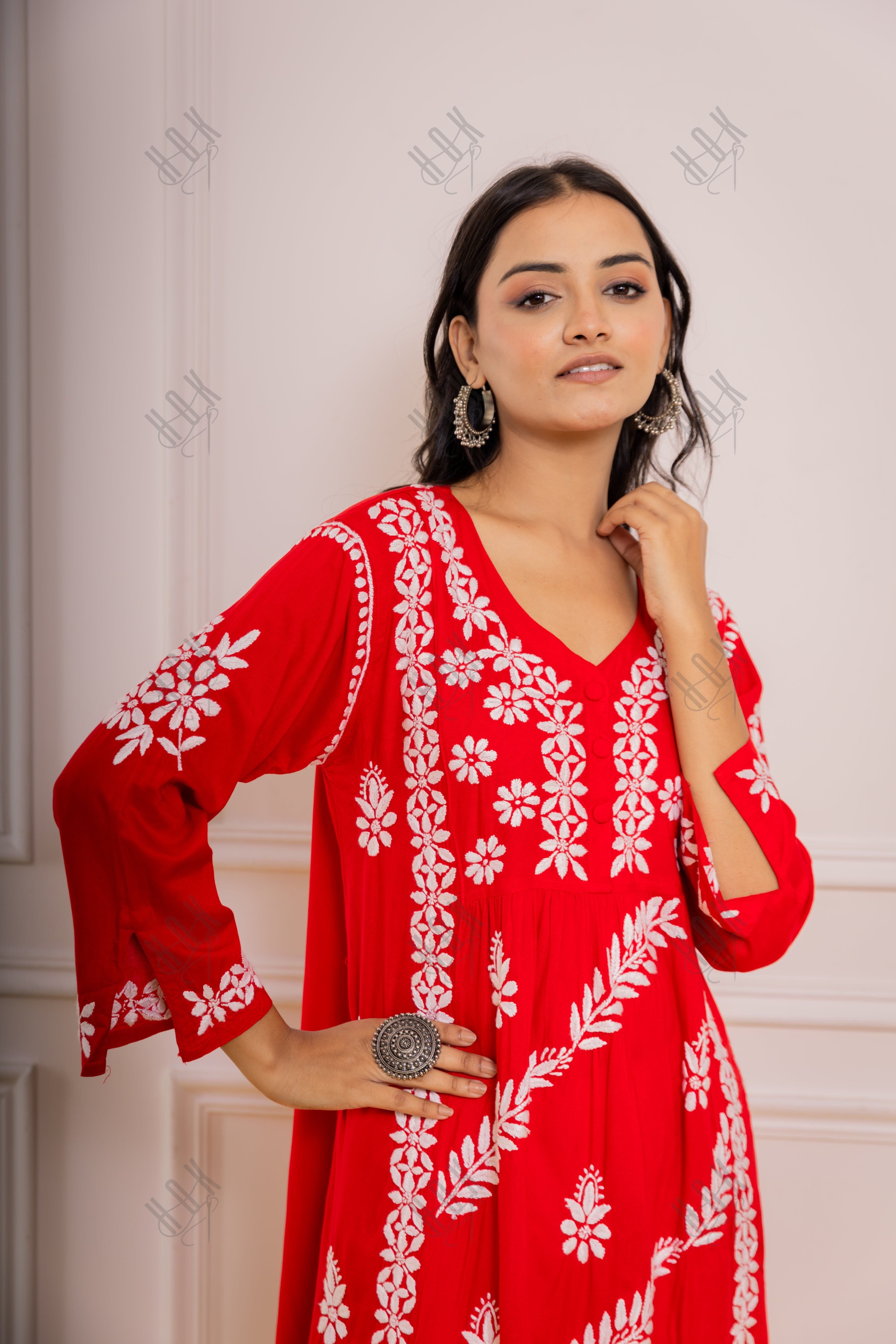 Fizaa Chikankari Kurta in Rayon Cotton V Neck Red