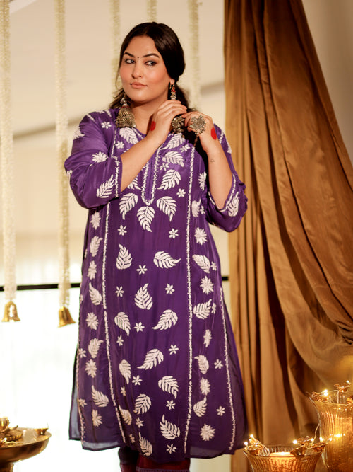 Sakshi Sindhwani Chikankari Crepe Silk Kurta for Women in Purple Notch Neck