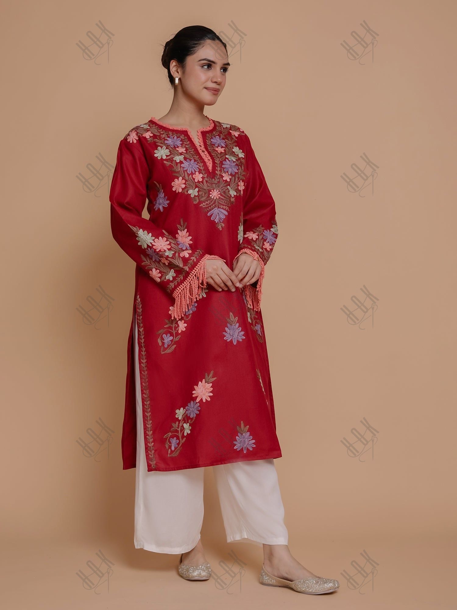 Falak Kashmiri Long Kurta - Maroon