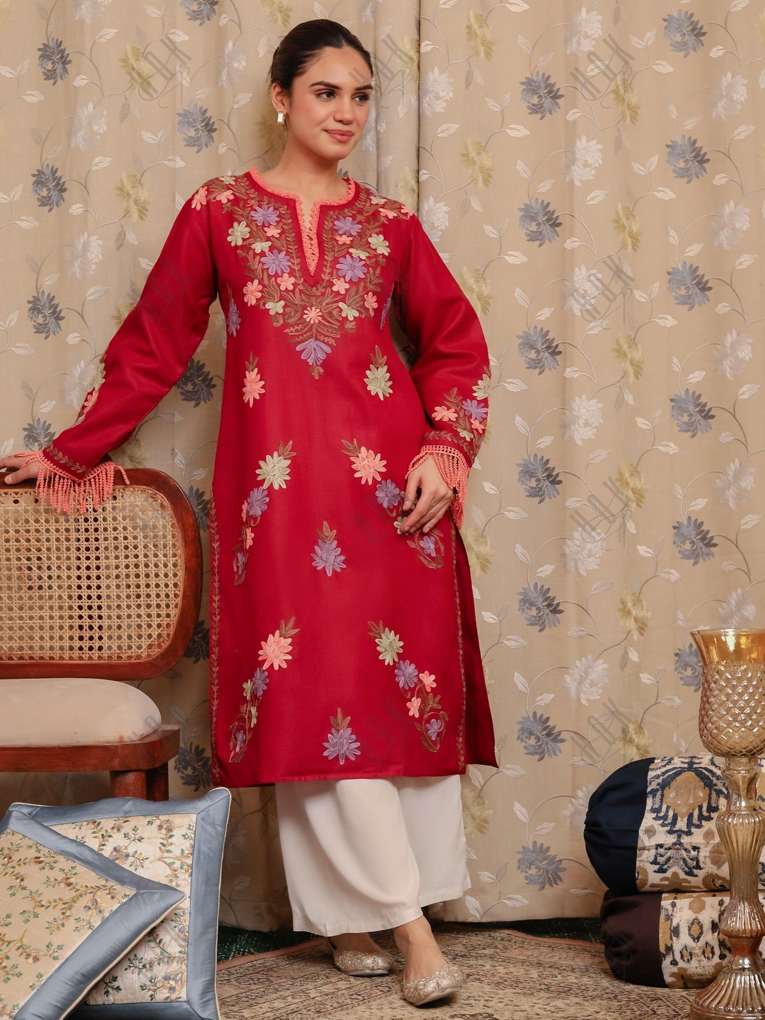 Falak Kashmiri Long Kurta - Maroon