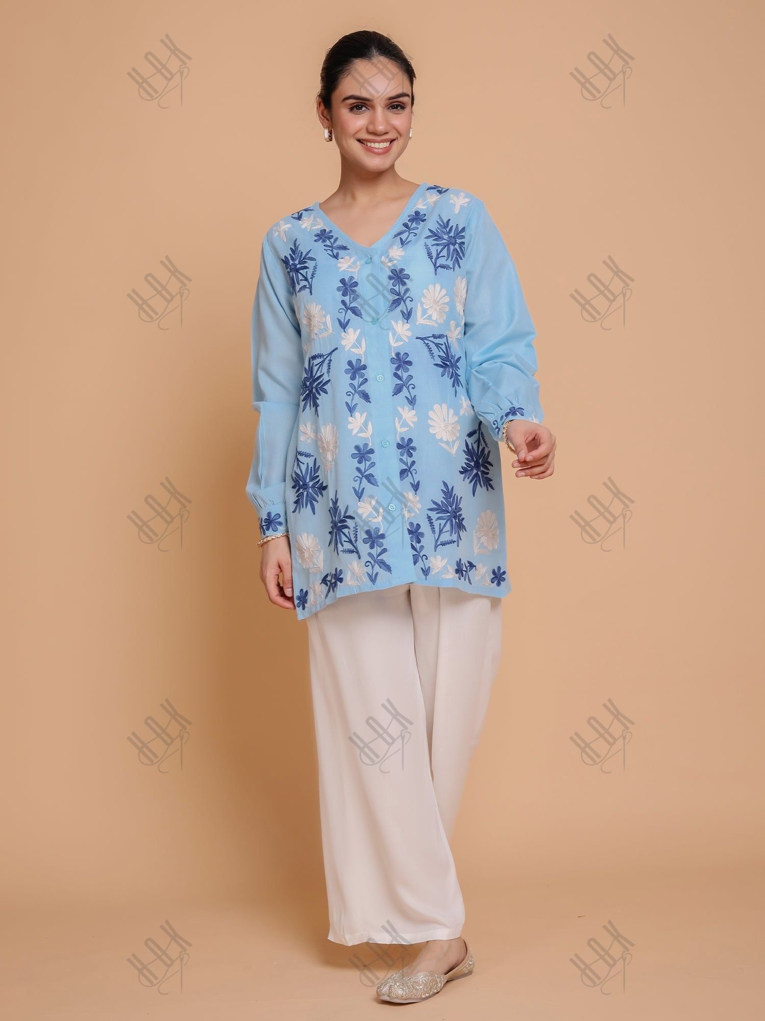 Falak Kashmiri Shirt Style - Sky Blue