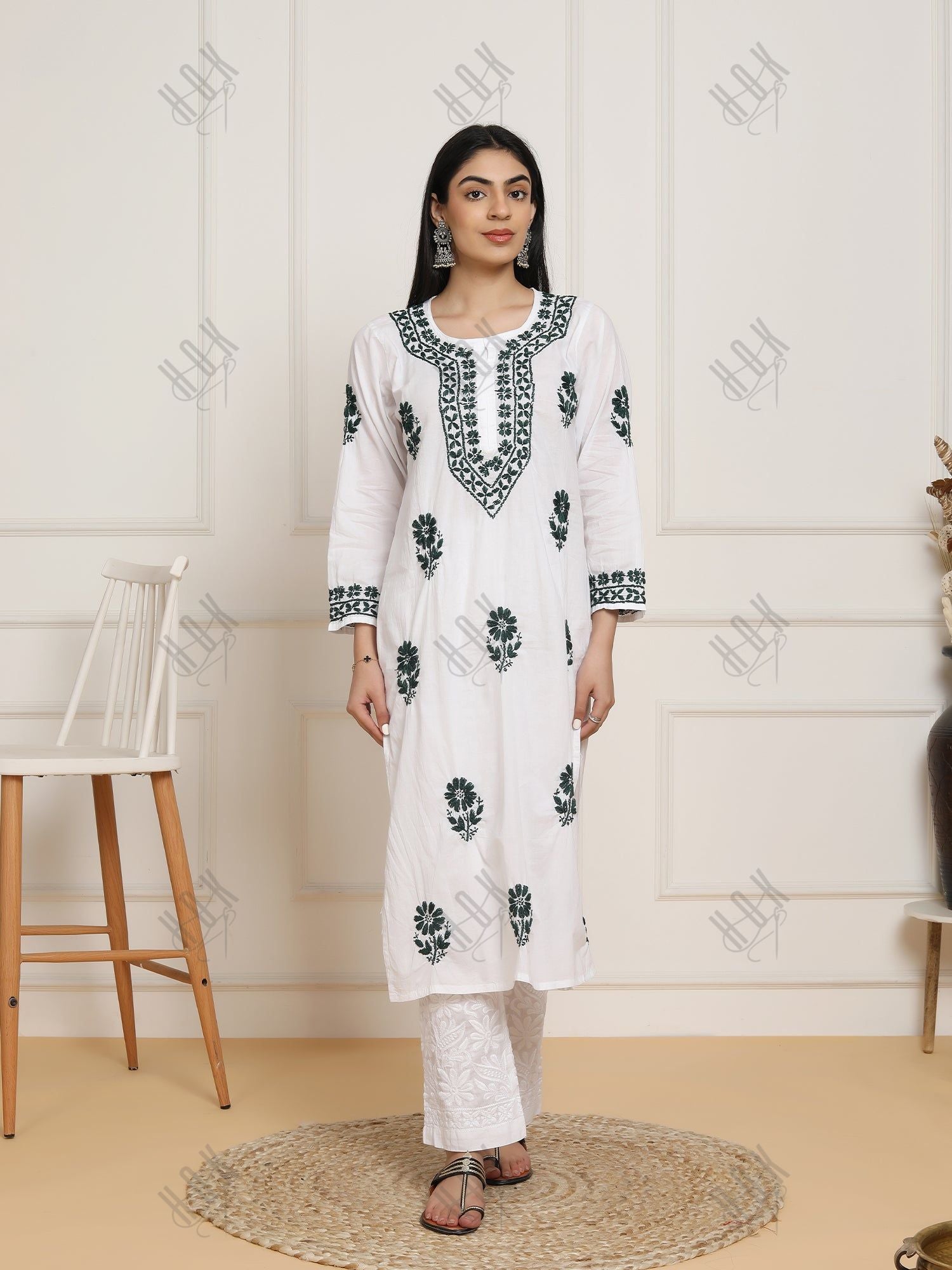 Saba Chikankari Set in Mul cotton Kurta  for Women - White with Black