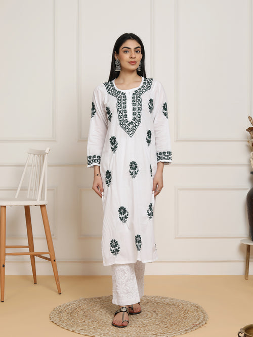 Fizaa's Chikankari Set in Mul cotton Kurta  for Women - White with Black
