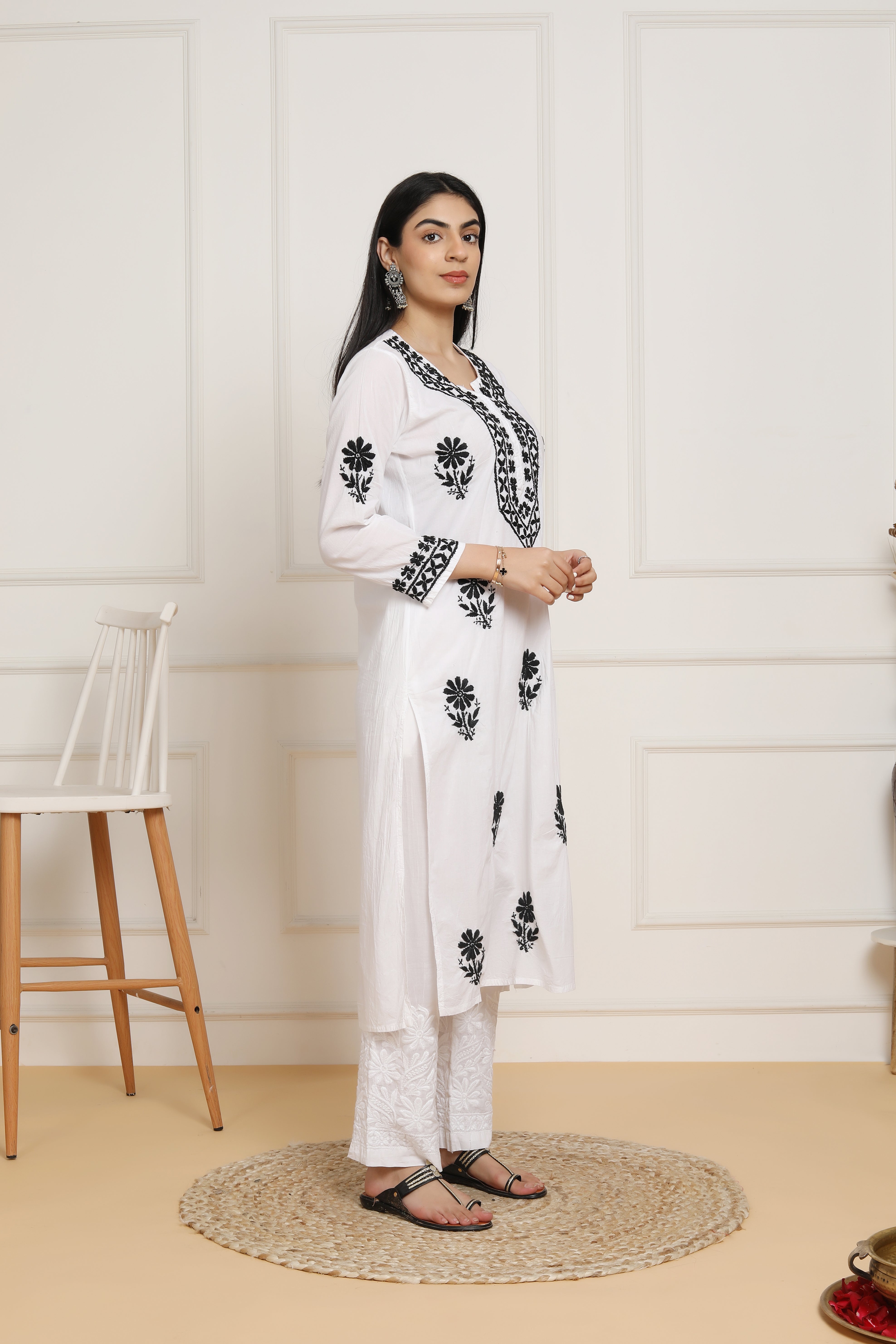 Saba Chikankari Set in Mul cotton Kurta  for Women - White with Black