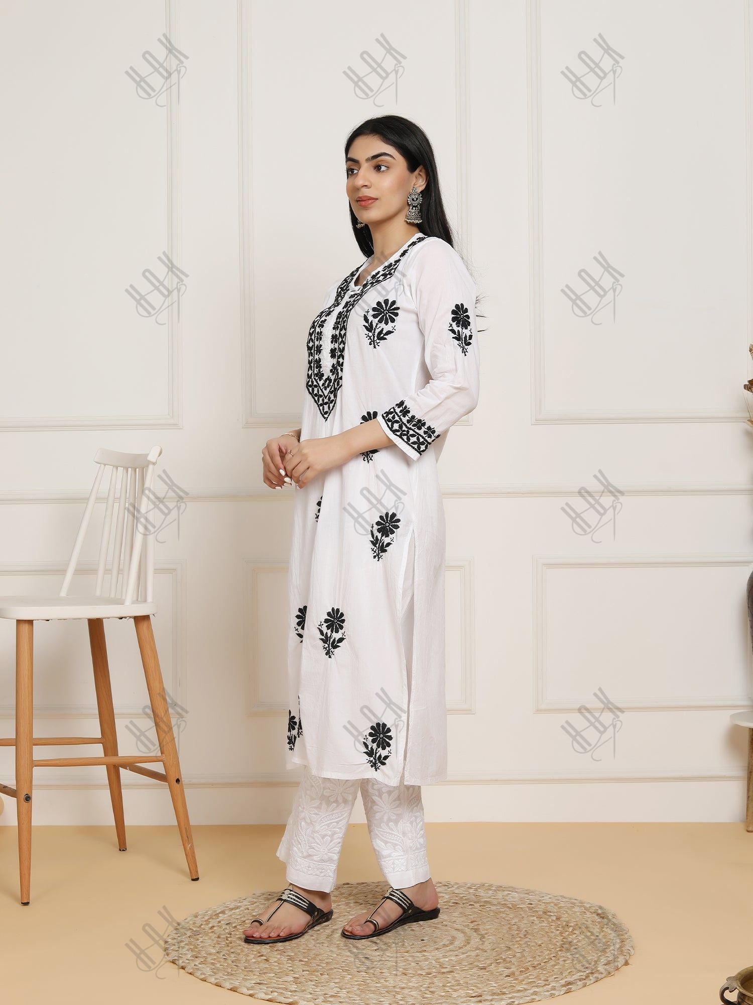 Saba Chikankari Set in Mul cotton Kurta  for Women - White with Black