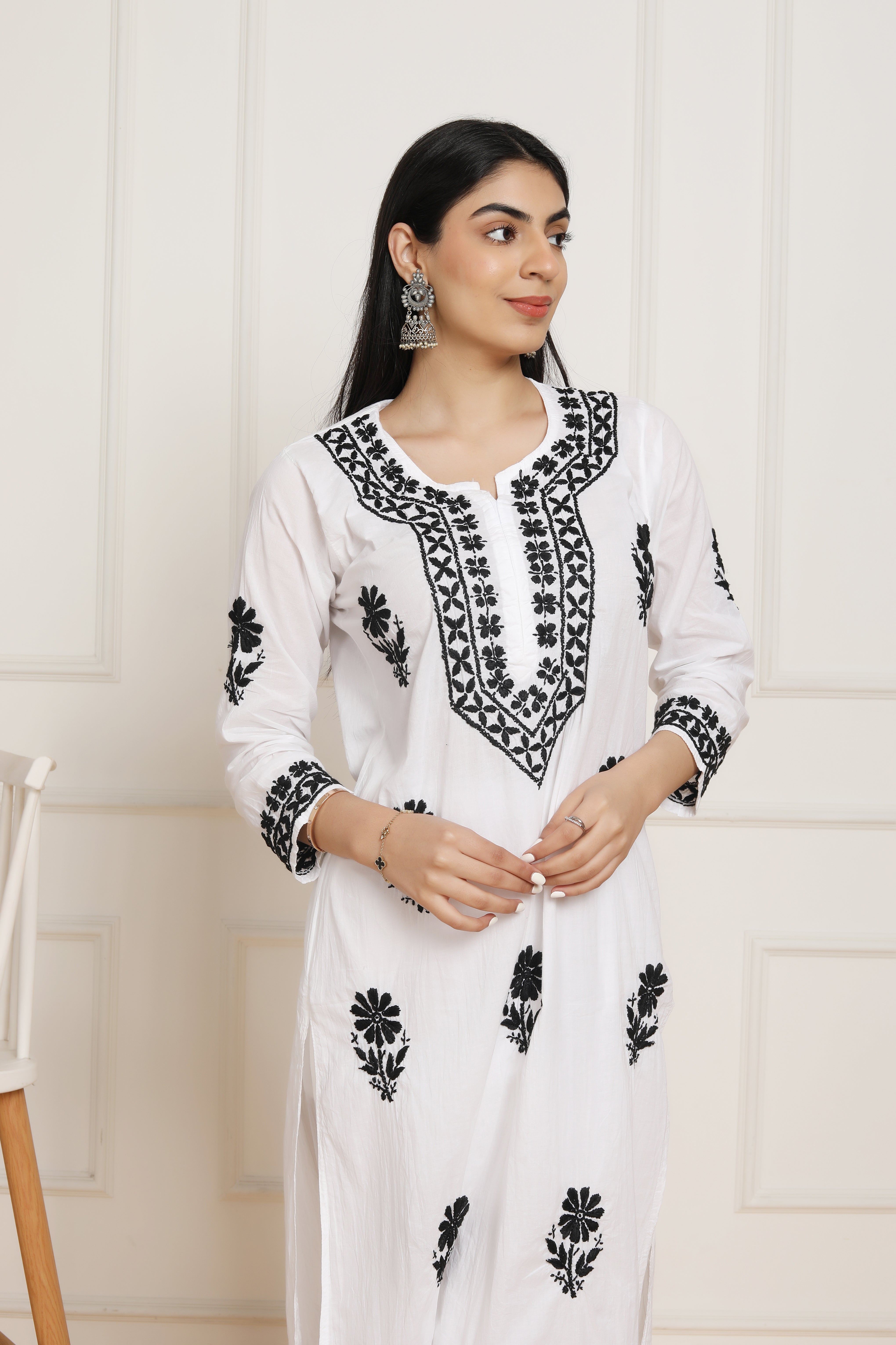 Saba Chikankari Set in Mul cotton Kurta  for Women - White with Black