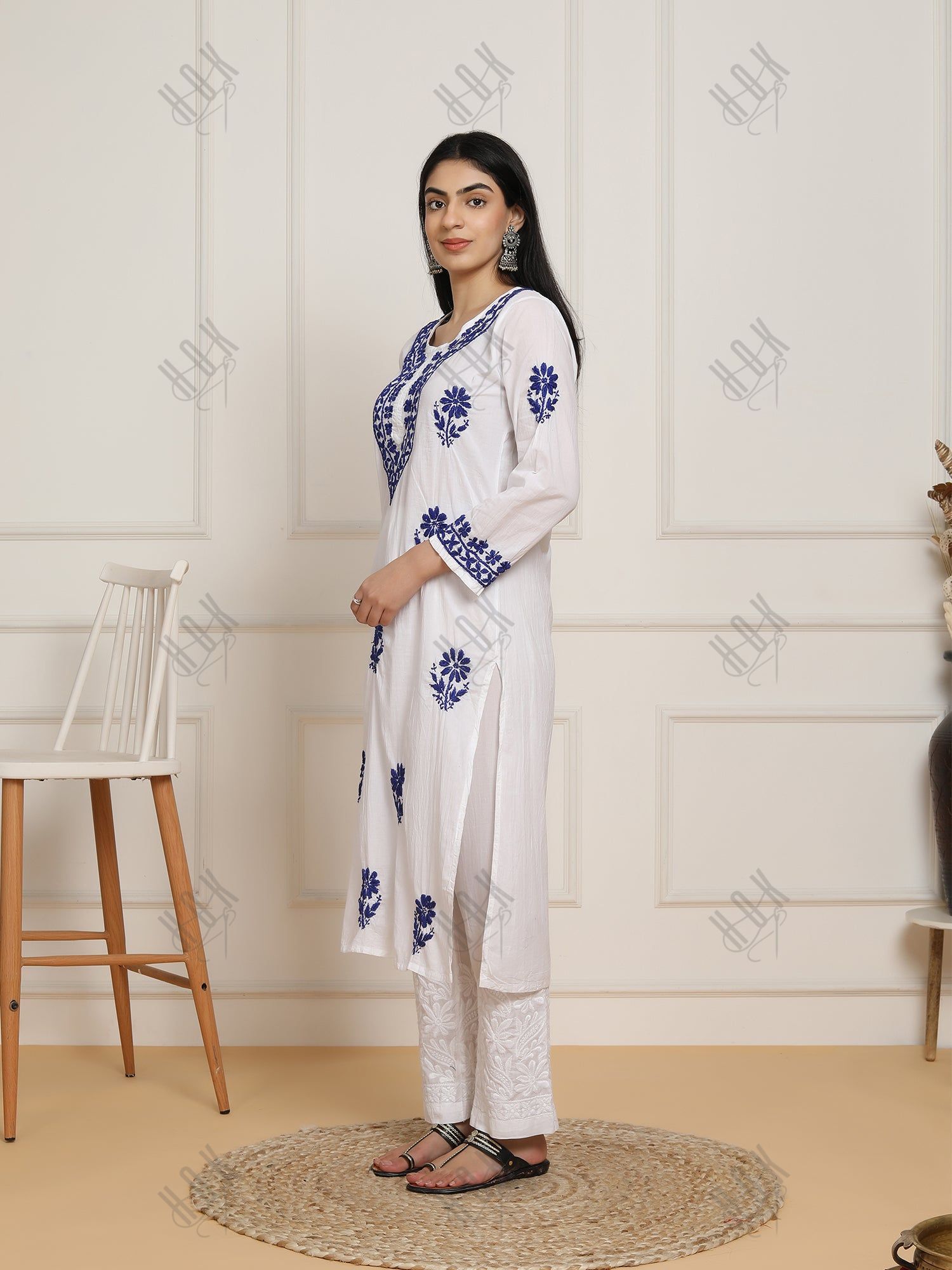 Saba Chikankari set in Mul cotton Kurta for Women - White with Sky Blue