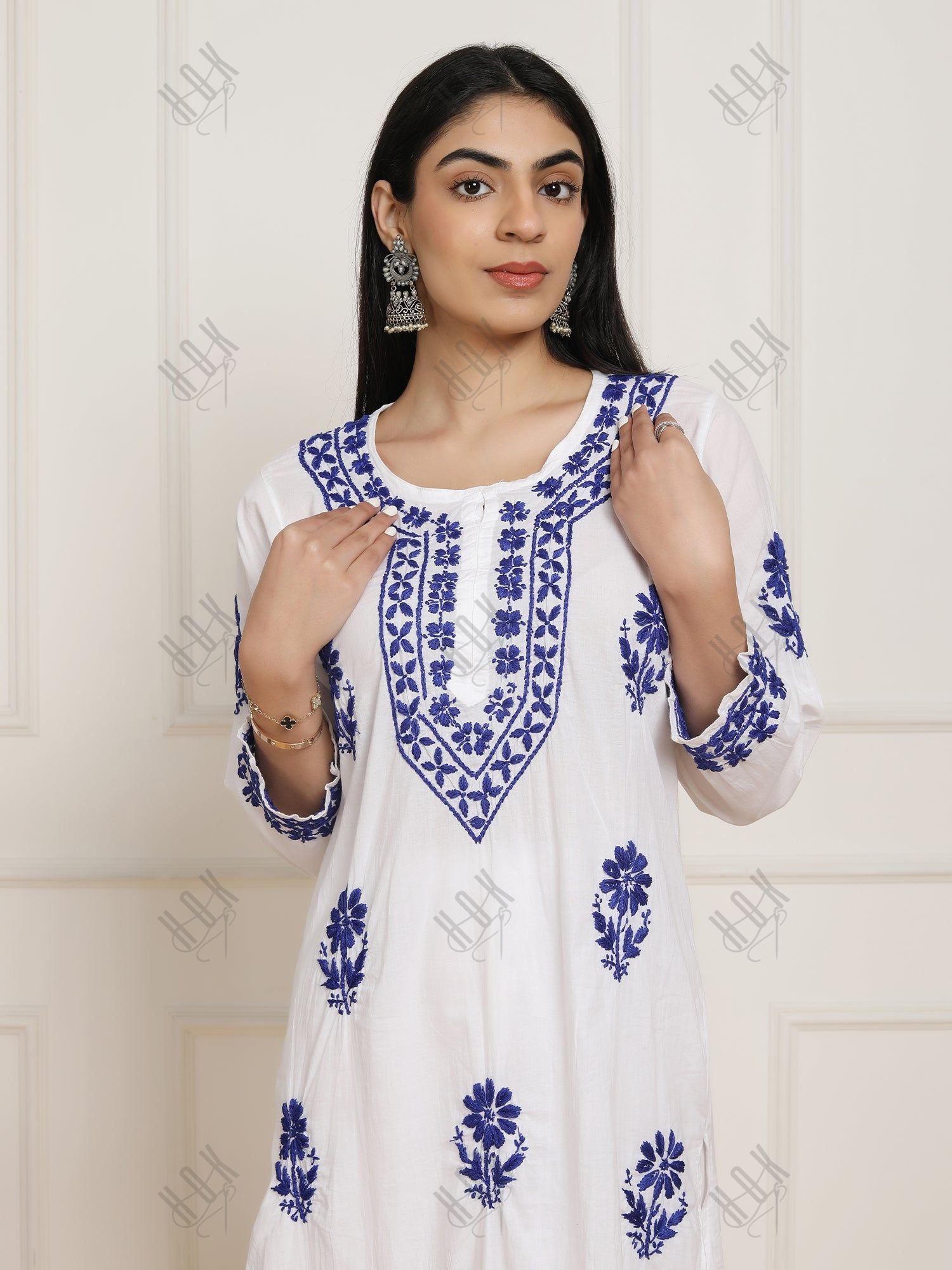 Saba Chikankari set in Mul cotton Kurta for Women - White with Sky Blue