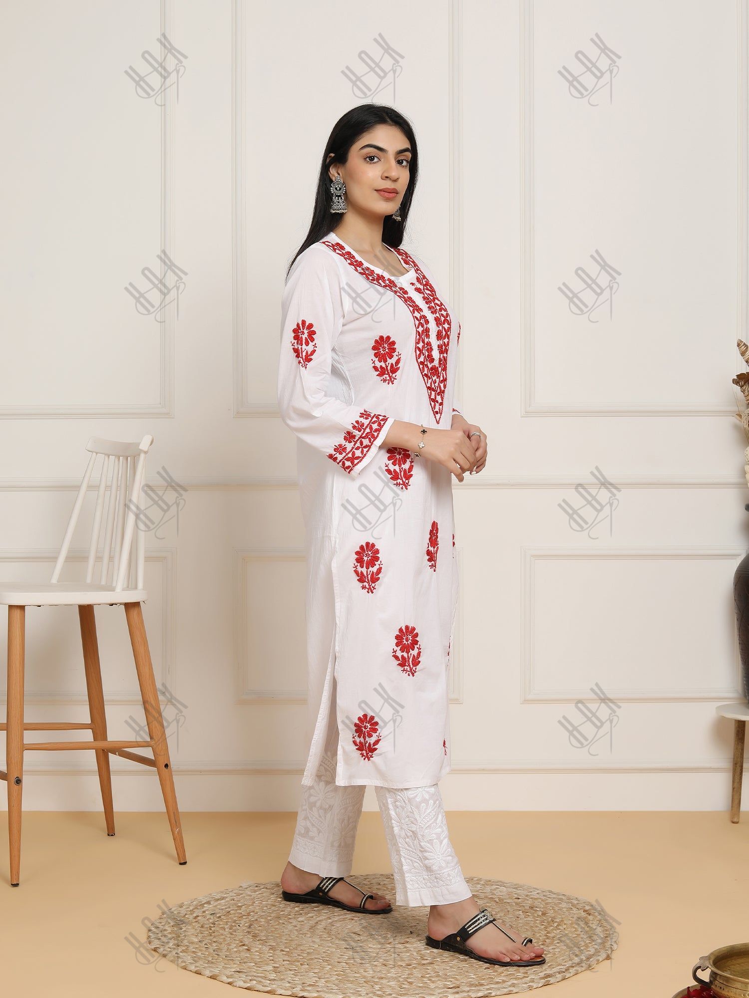 Saba Chikankari Set in  Mul cotton Kurta for Women - White with Red