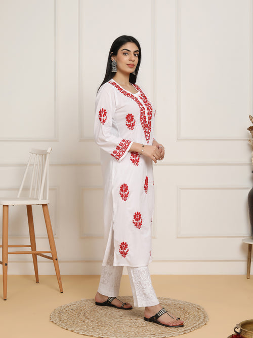 Saba Chikankari Set in  Mul cotton Kurta for Women - White with Red