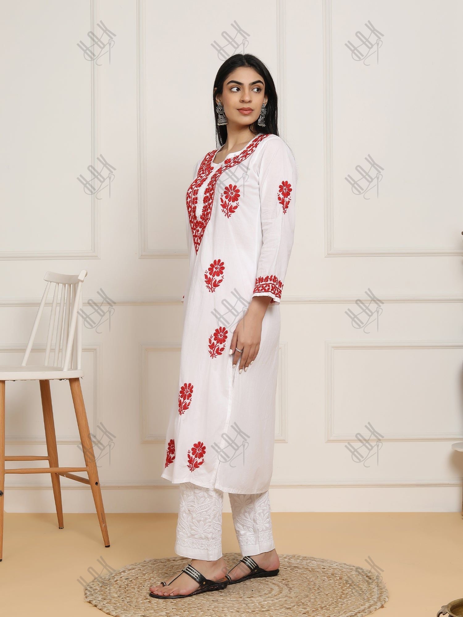 Saba Chikankari Set in  Mul cotton Kurta for Women - White with Red