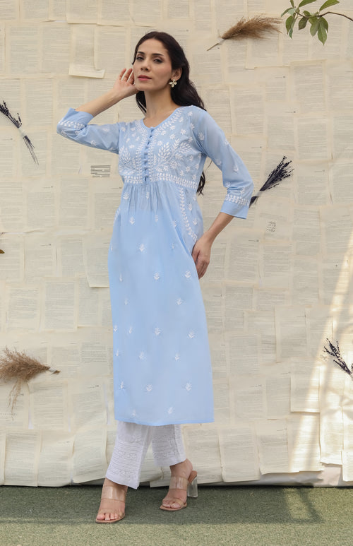 Saba Chikankari kurta in cotton - Sky Blue