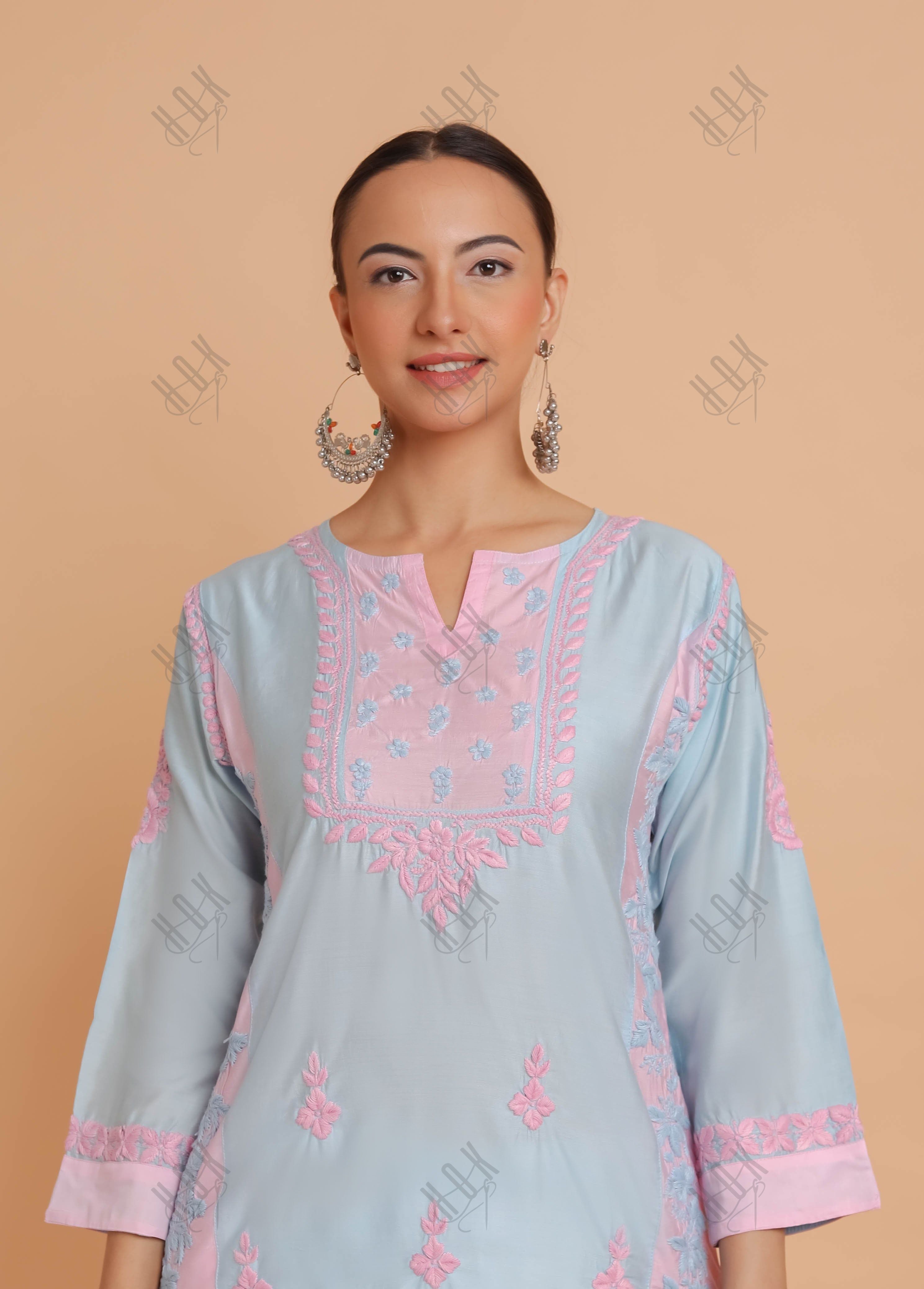 Saba Chikankari kurta in Chanderi Silk - Turquoise Blue With Pink