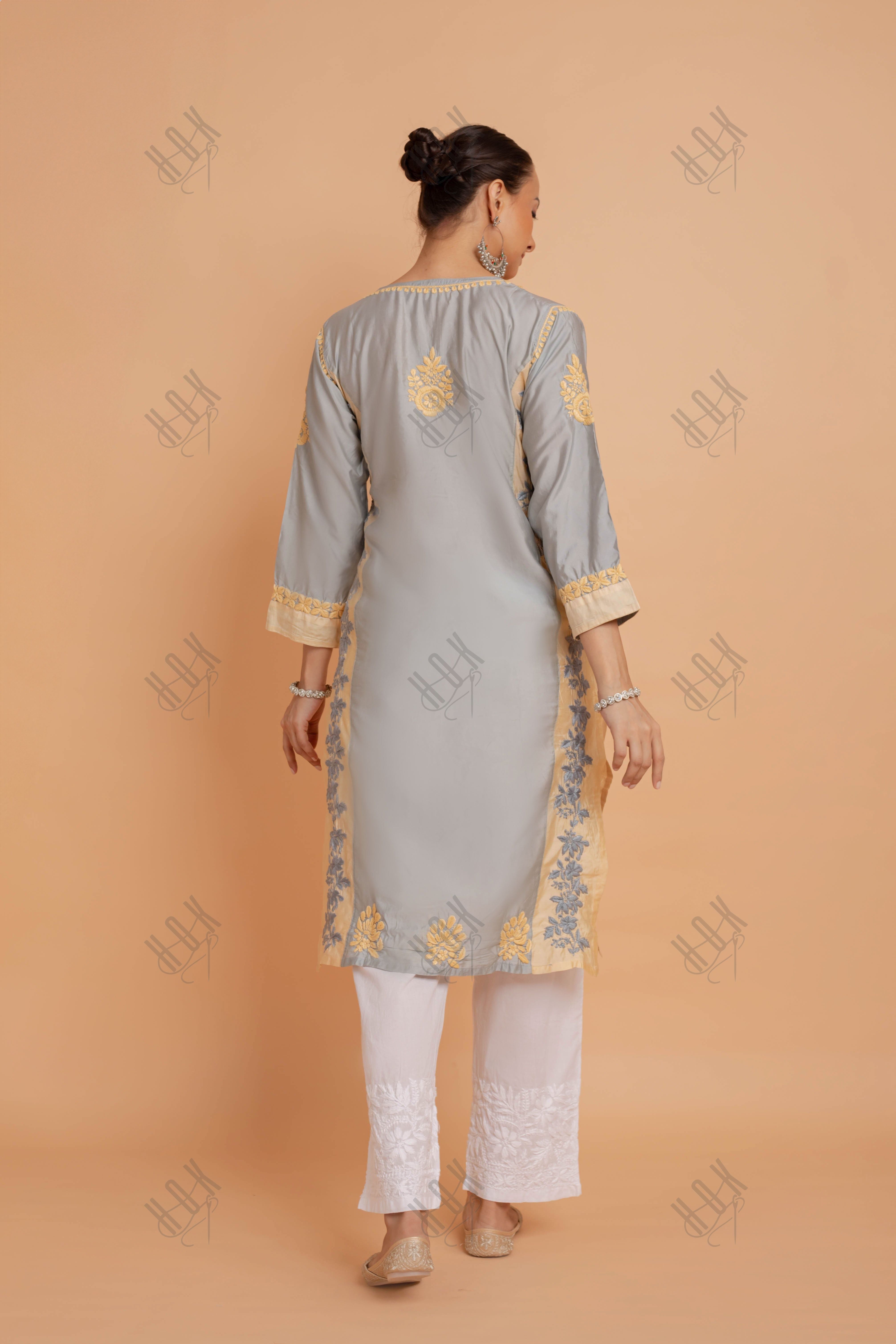 Saba Chikankari kurta in Chanderi Silk - Grey With Beige