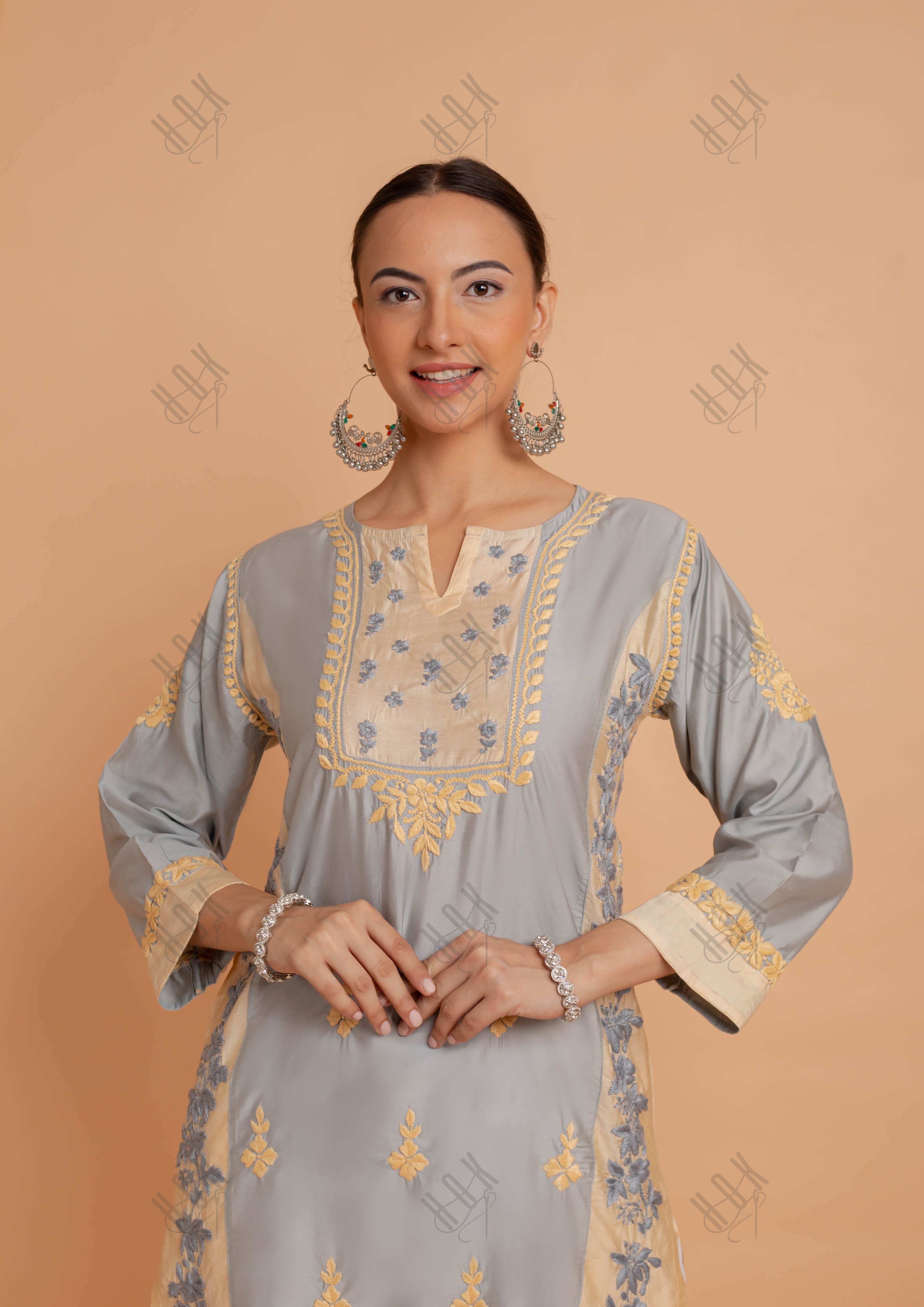 Saba Chikankari kurta in Chanderi Silk - Grey With Beige