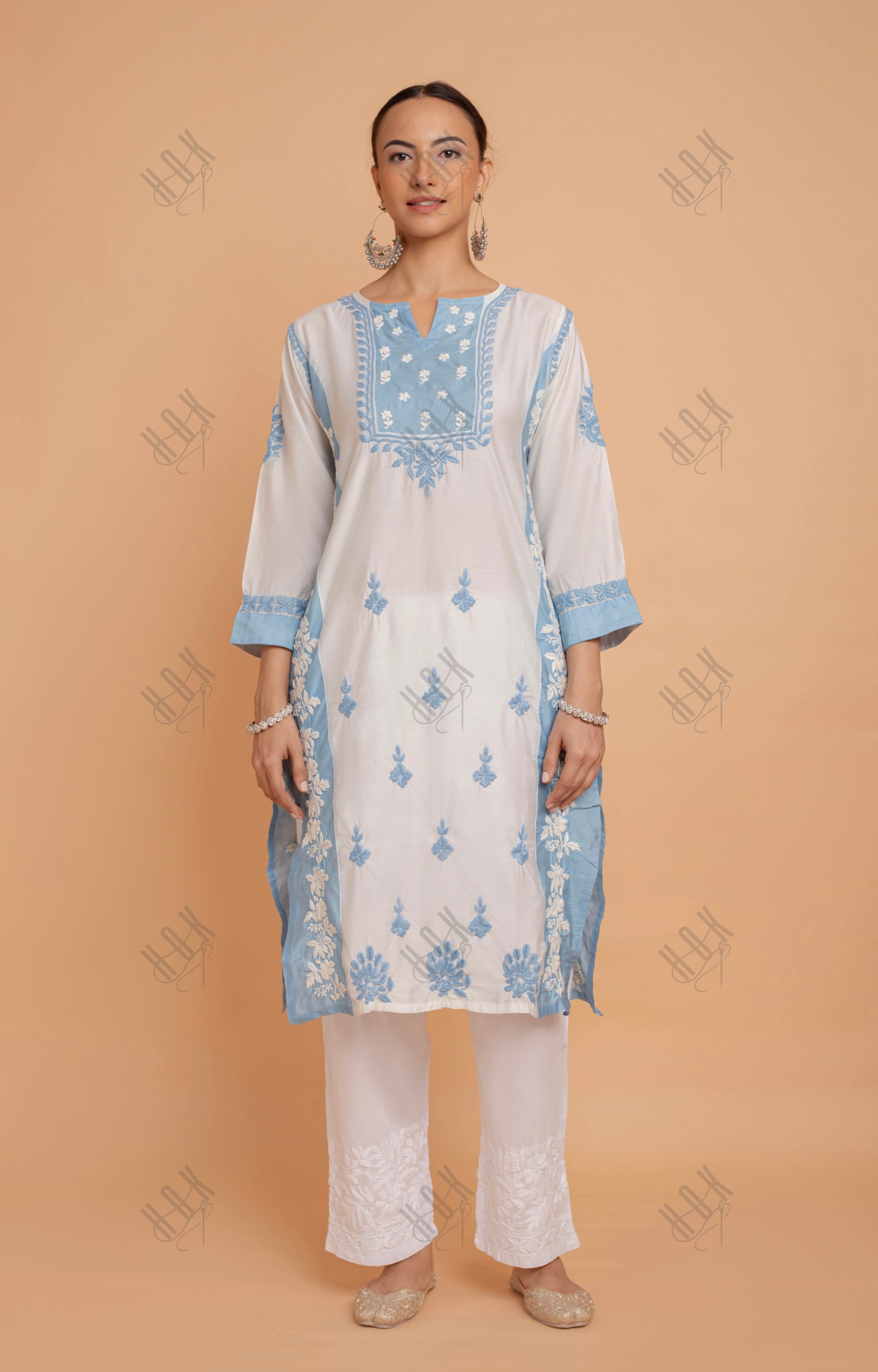 Saba Chikankari kurta in Chanderi Silk - White With Blue