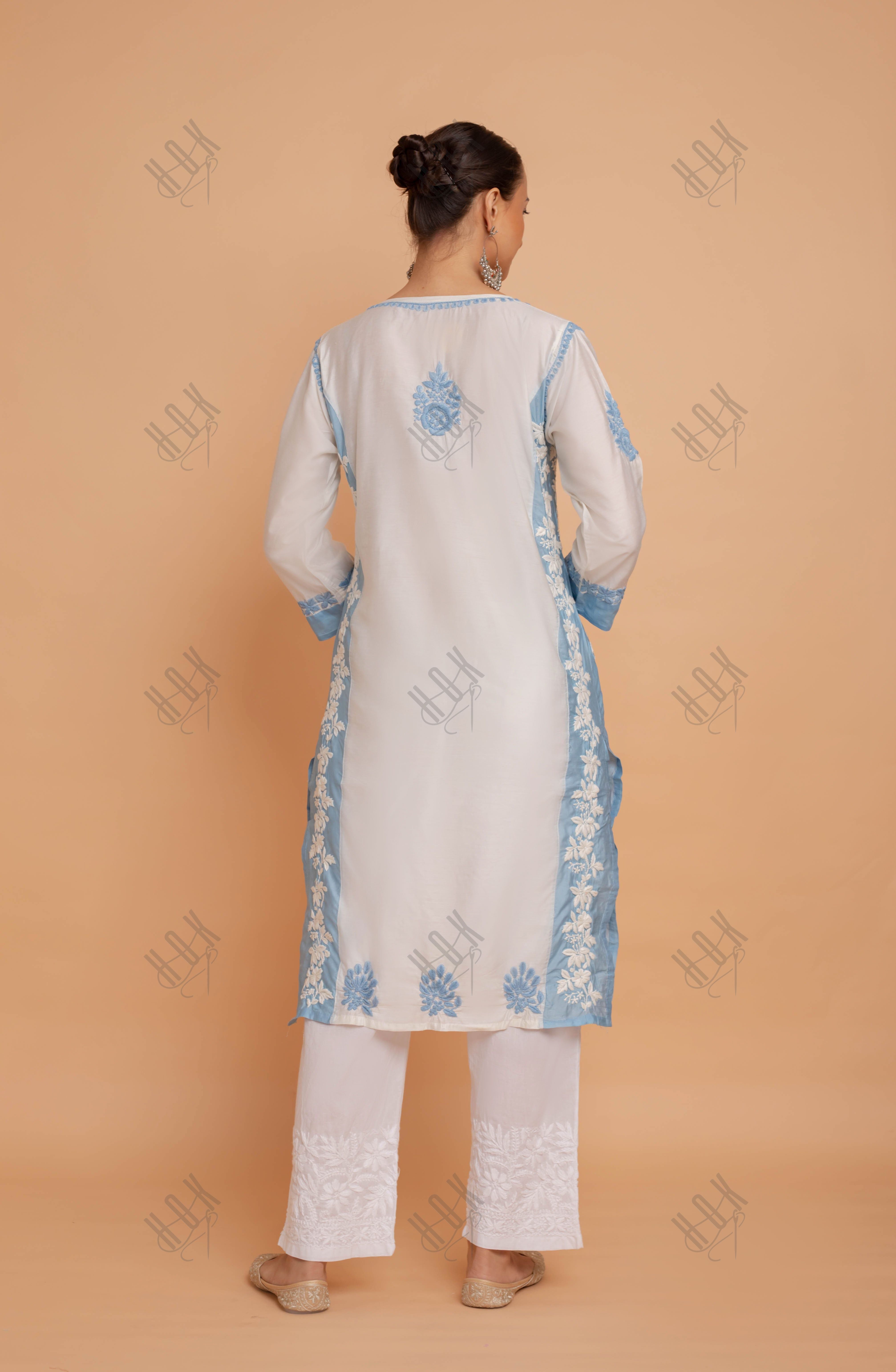 Saba Chikankari kurta in Chanderi Silk - White With Blue