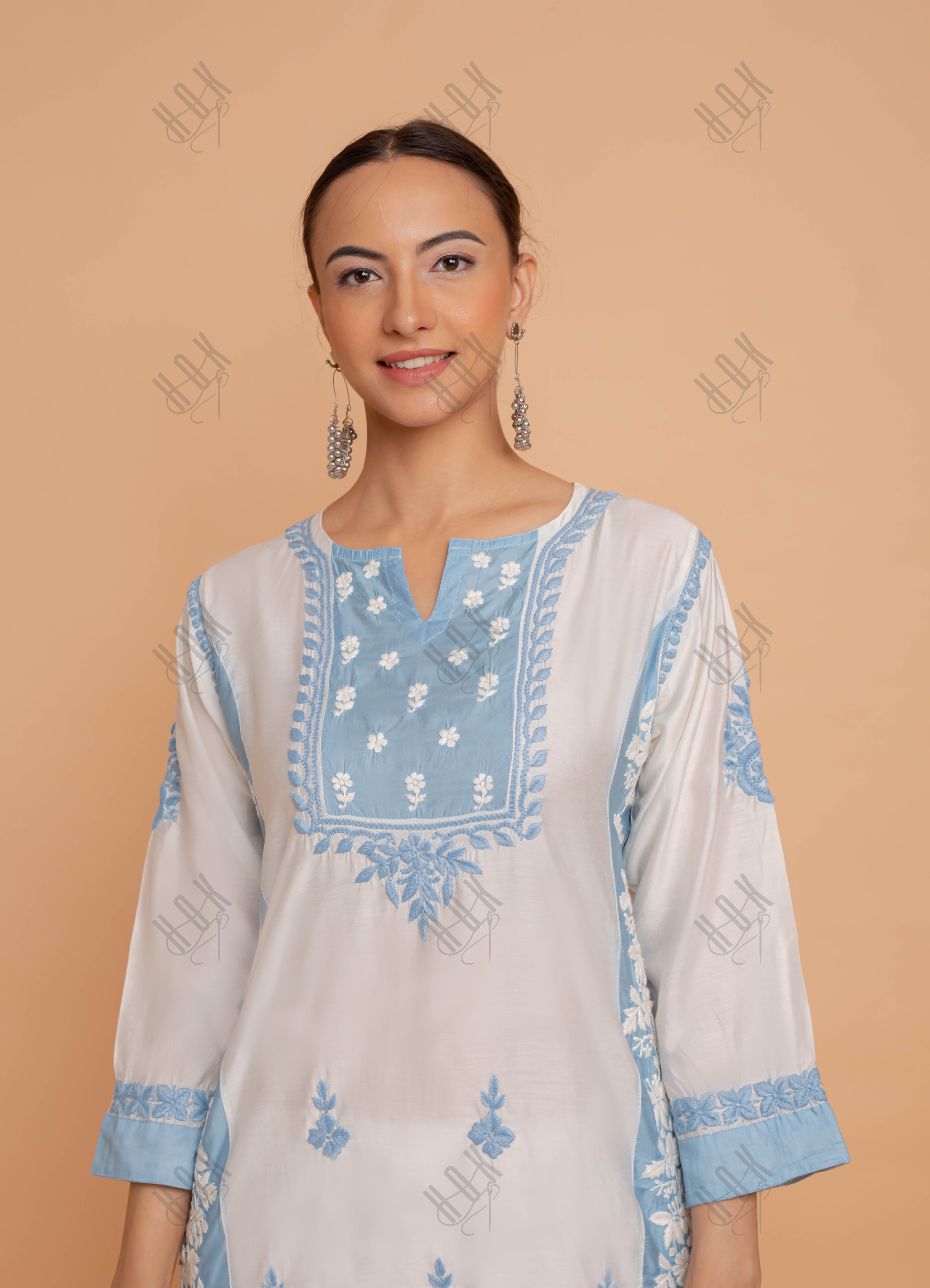 Saba Chikankari kurta in Chanderi Silk - White With Blue