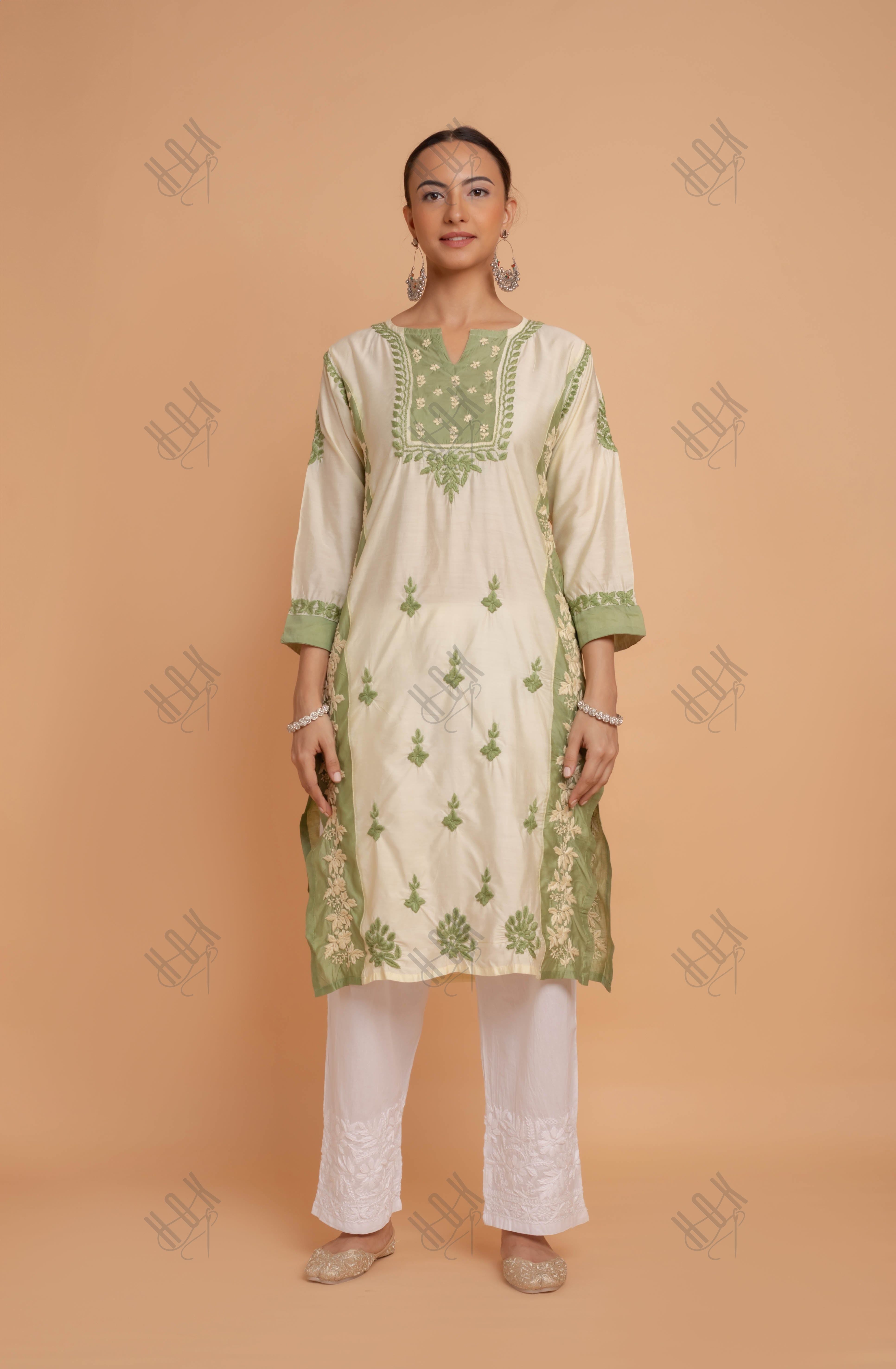 Saba Chikankari kurta in Chanderi Silk - Beige With Green