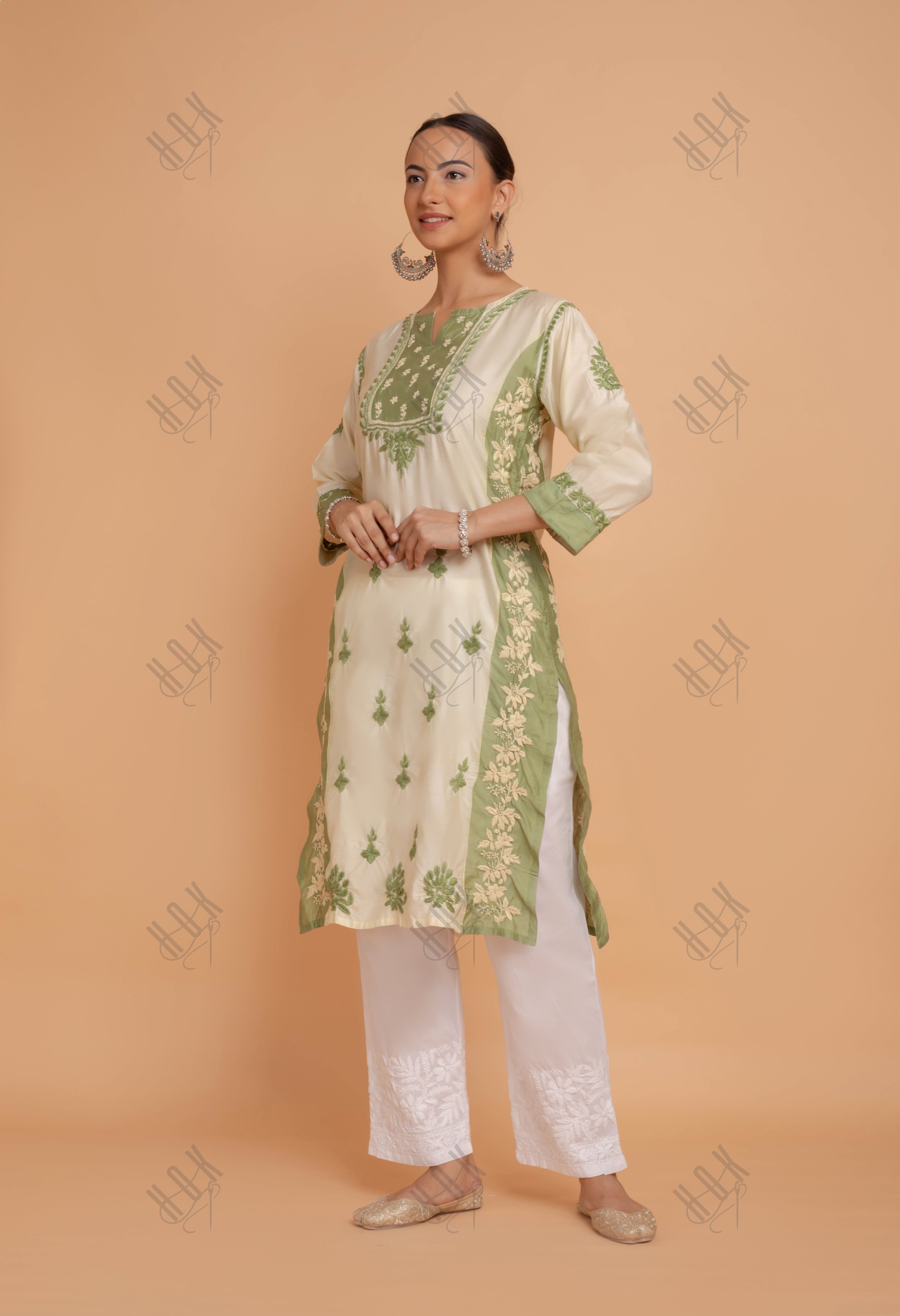 Saba Chikankari kurta in Chanderi Silk - Beige With Green