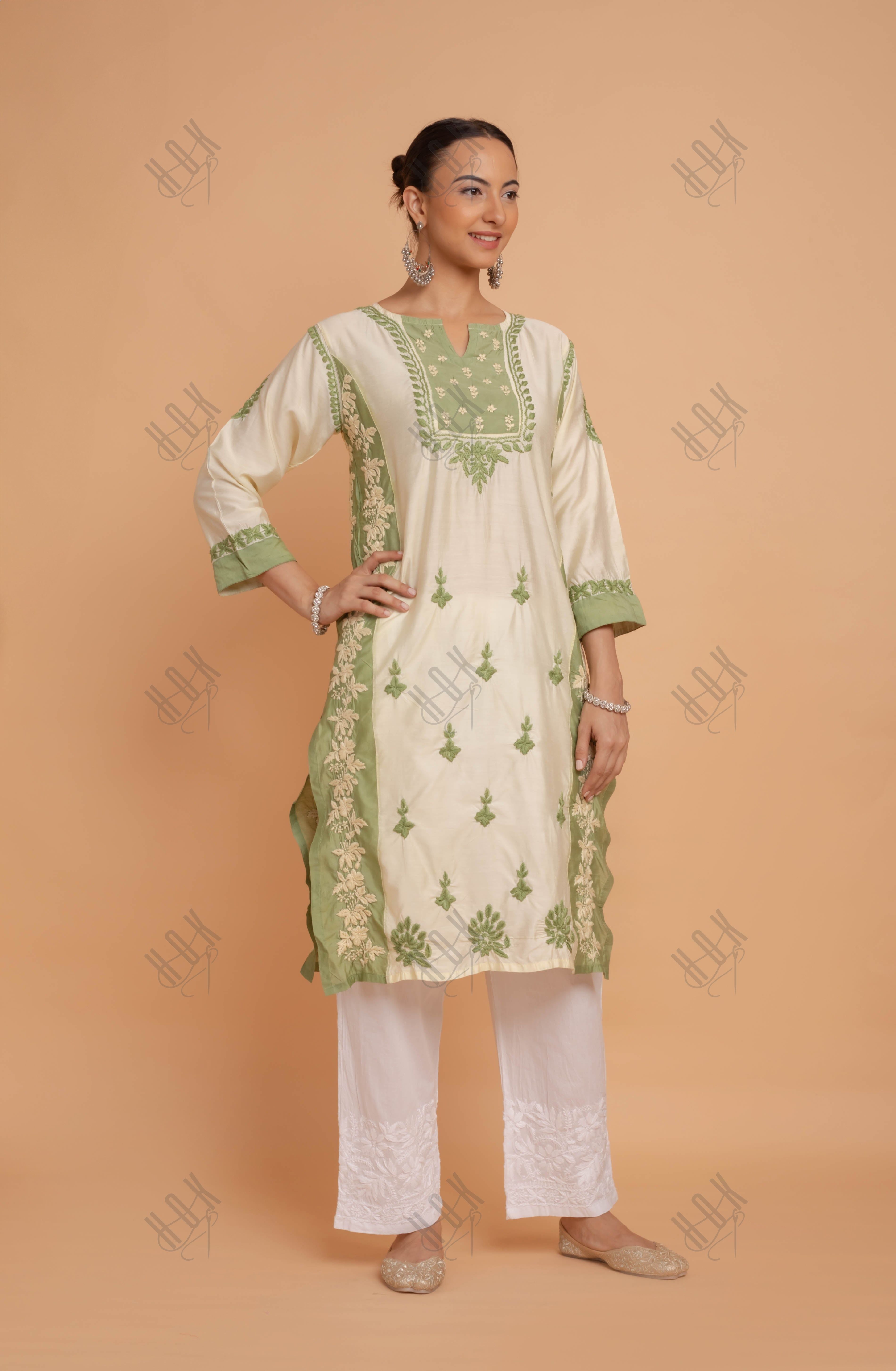 Saba Chikankari kurta in Chanderi Silk - Beige With Green