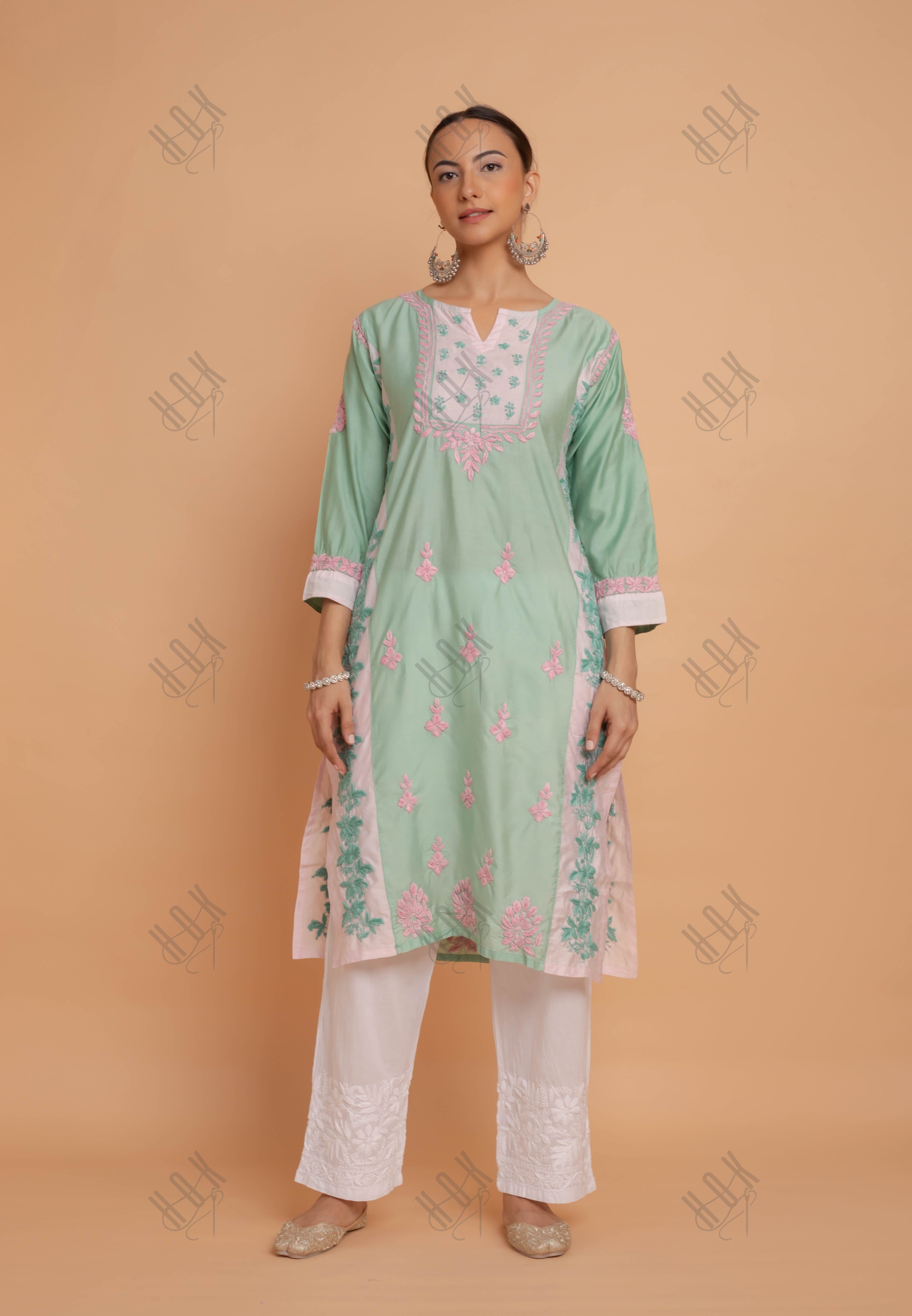 Saba Chikankari kurta in Chanderi Silk - Sea Green With Pink