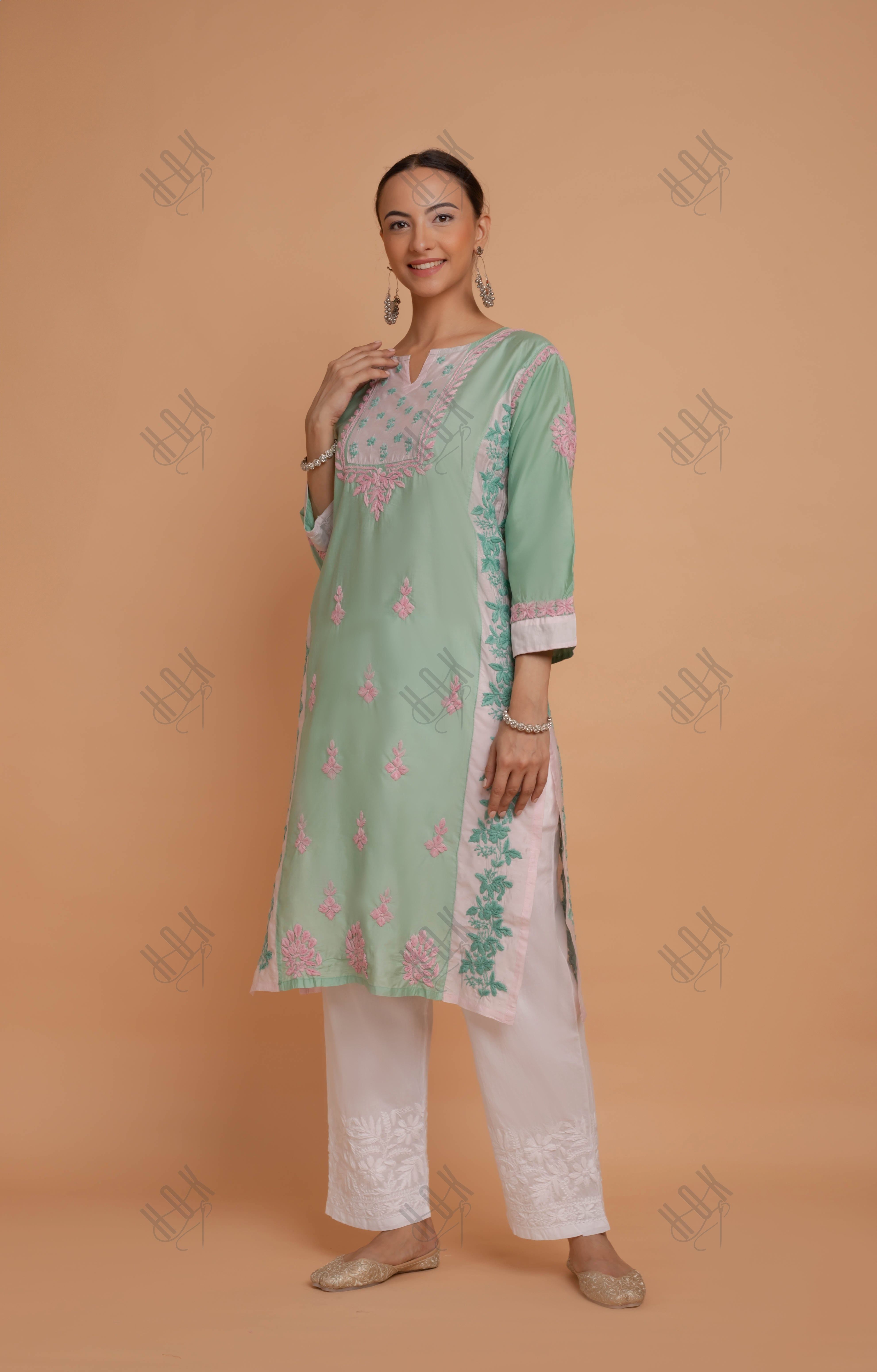 Saba Chikankari kurta in Chanderi Silk - Sea Green With Pink