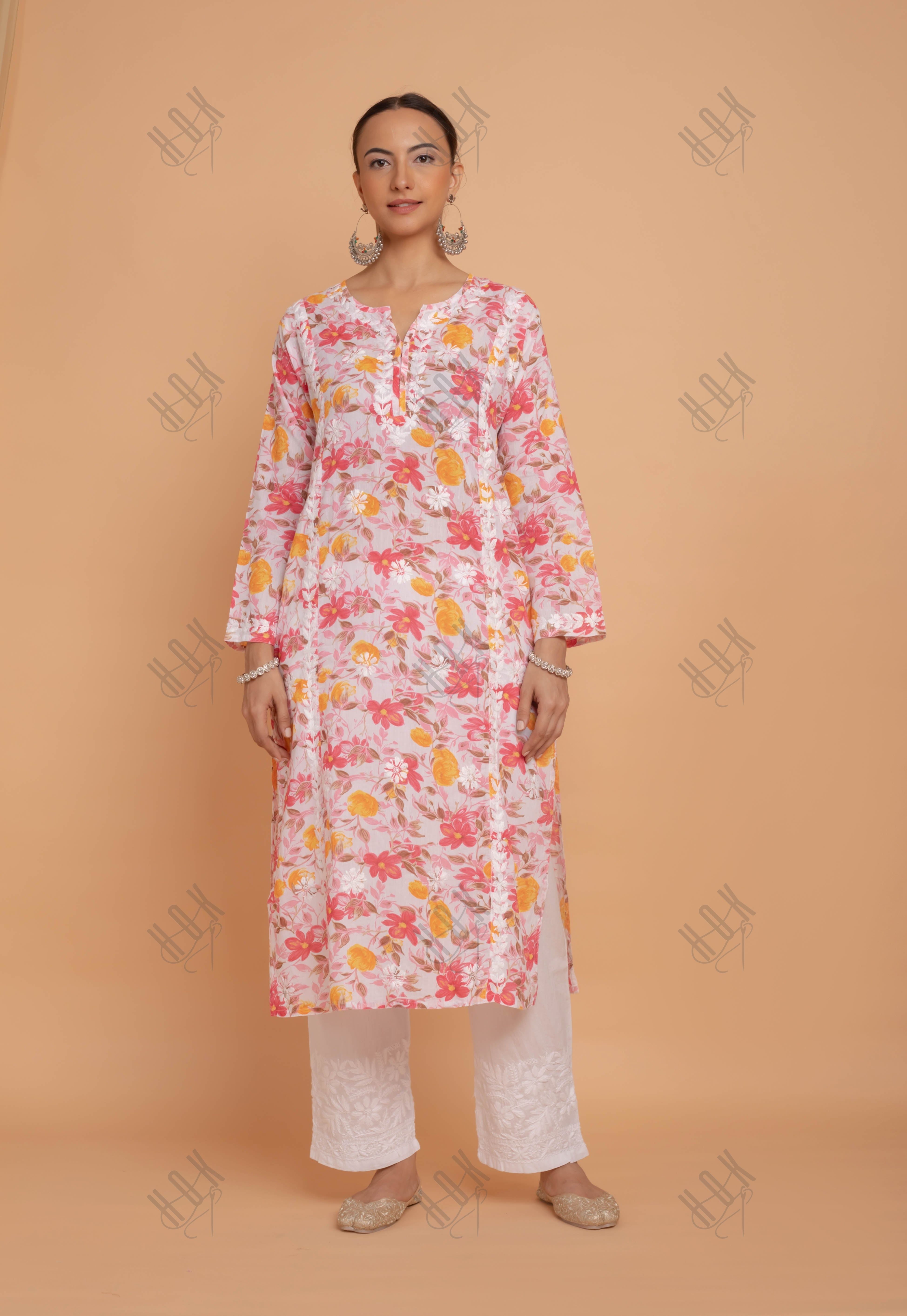 Saba Chikankari Kurta in Mul cotton in Pink Floral