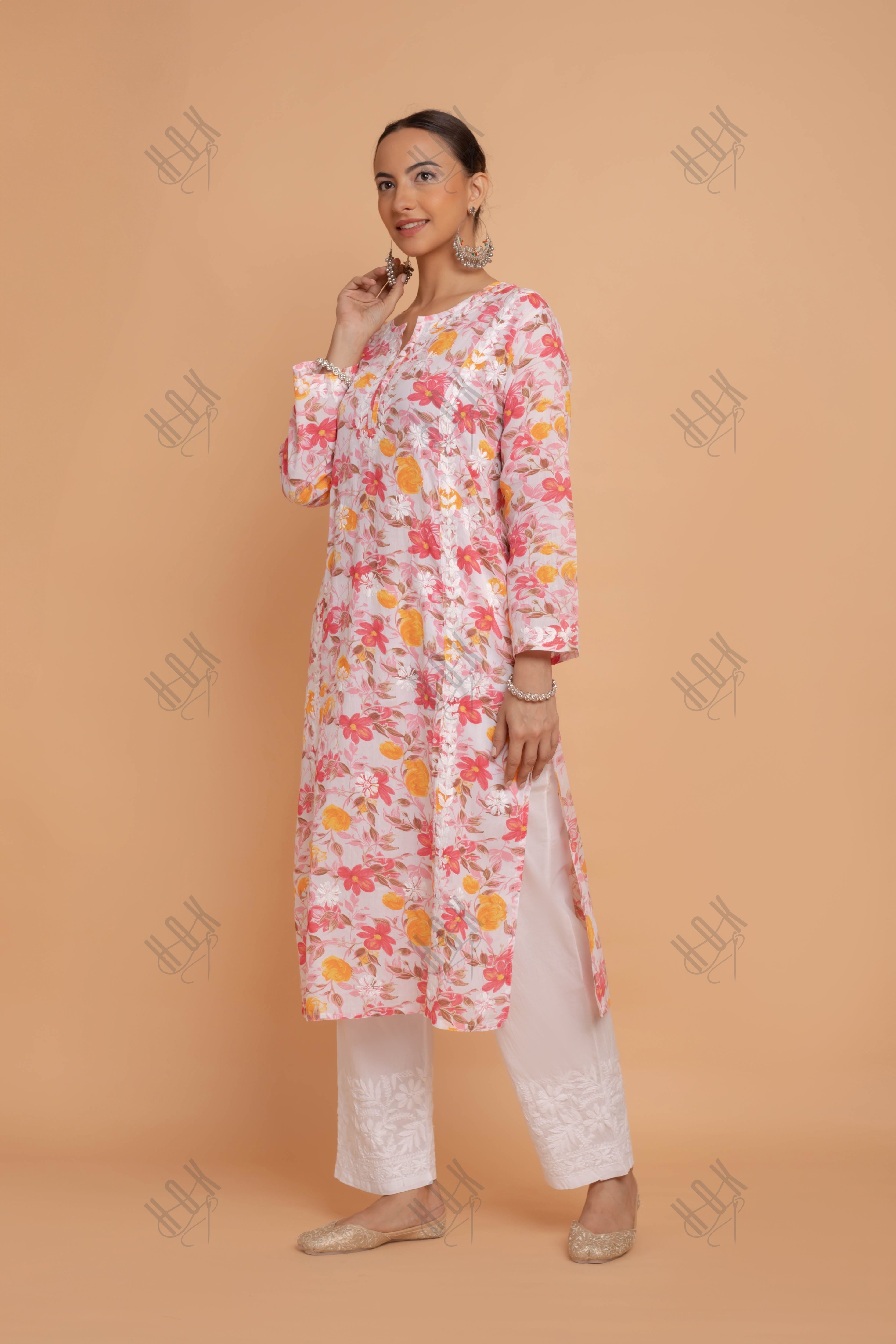 Saba Chikankari Kurta in Mul cotton in Pink Floral