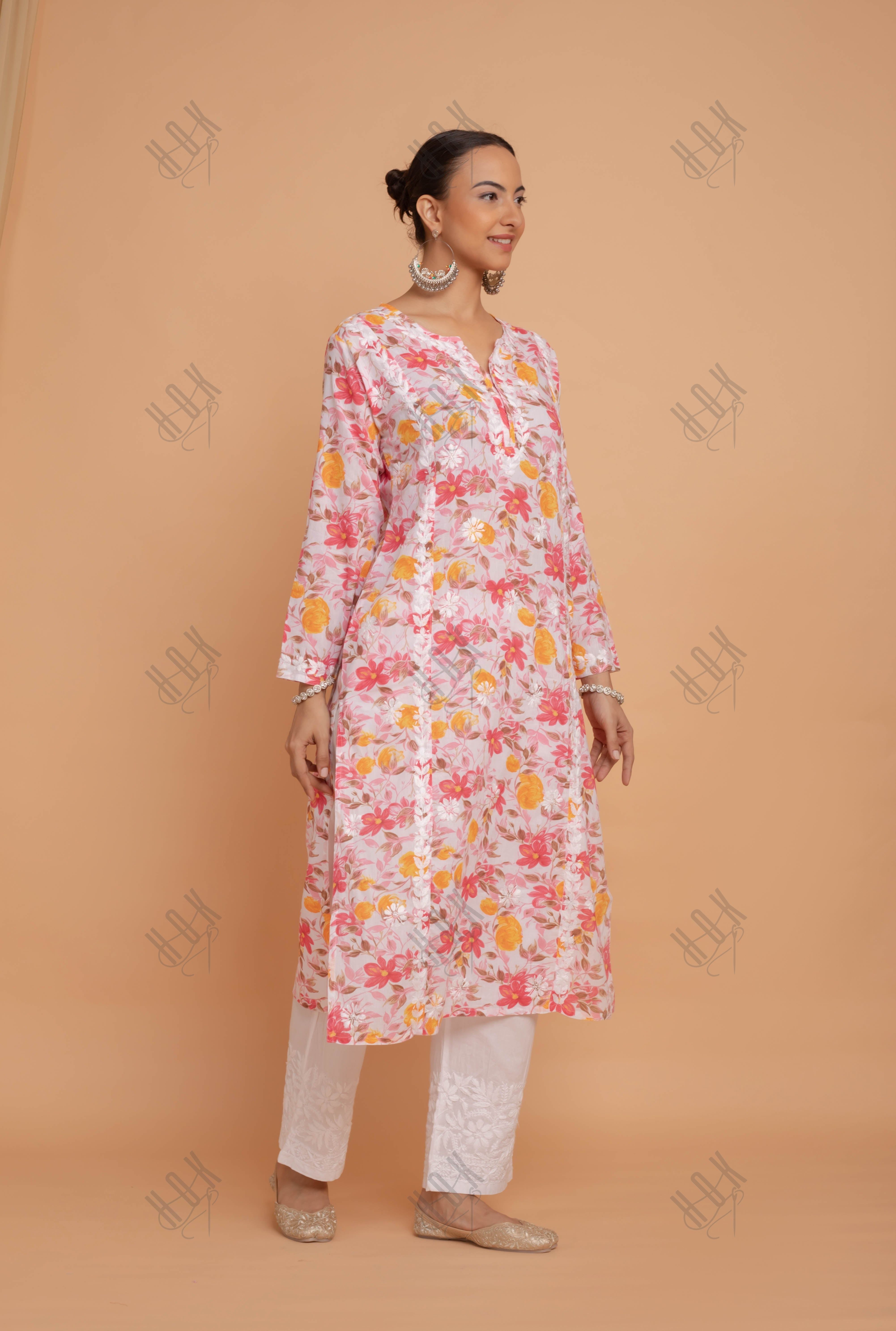 Saba Chikankari Kurta in Mul cotton in Pink Floral