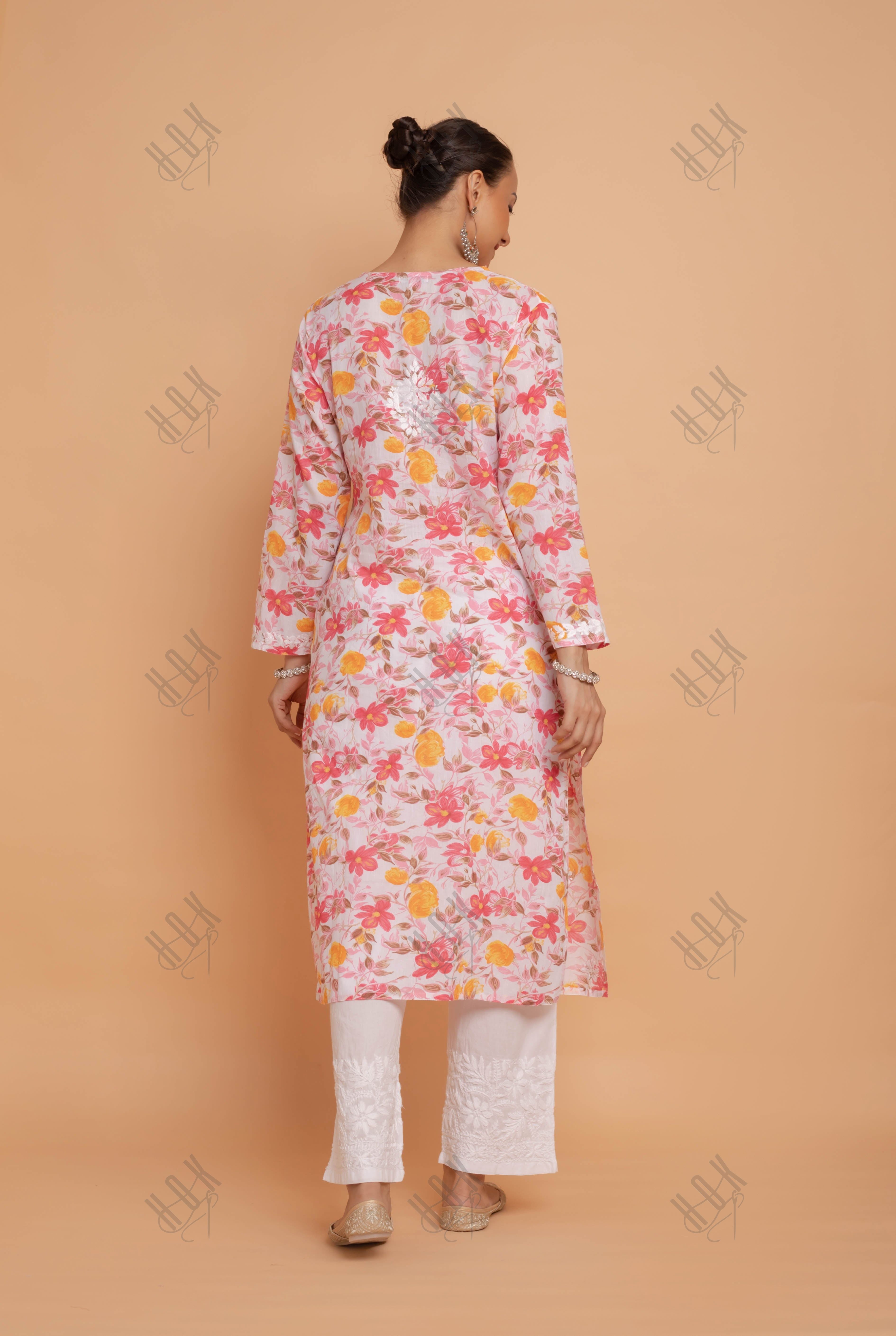 Saba Chikankari Kurta in Mul cotton in Pink Floral