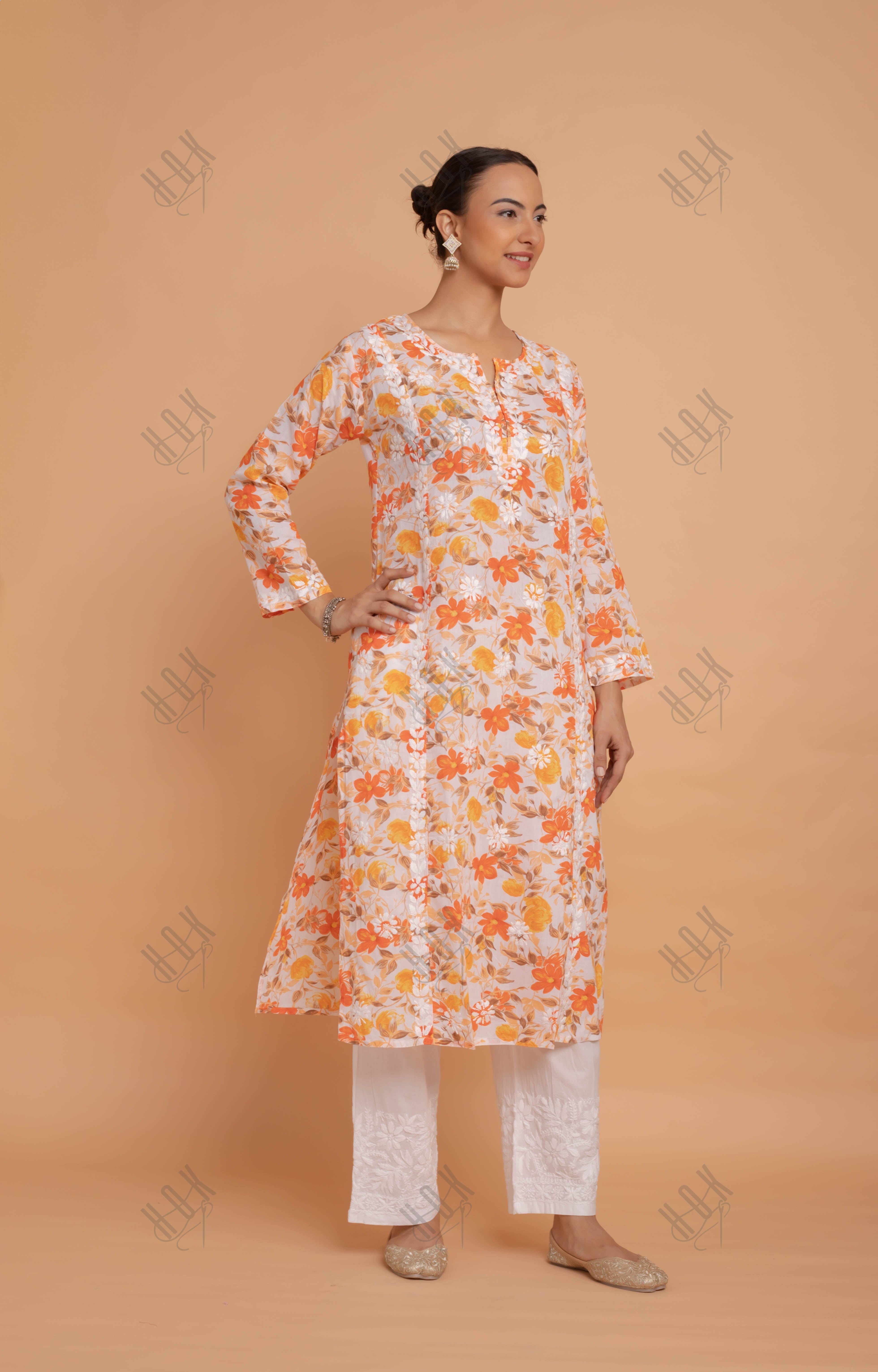 Saba Chikankari Kurta in Mul cotton in Orange Floral