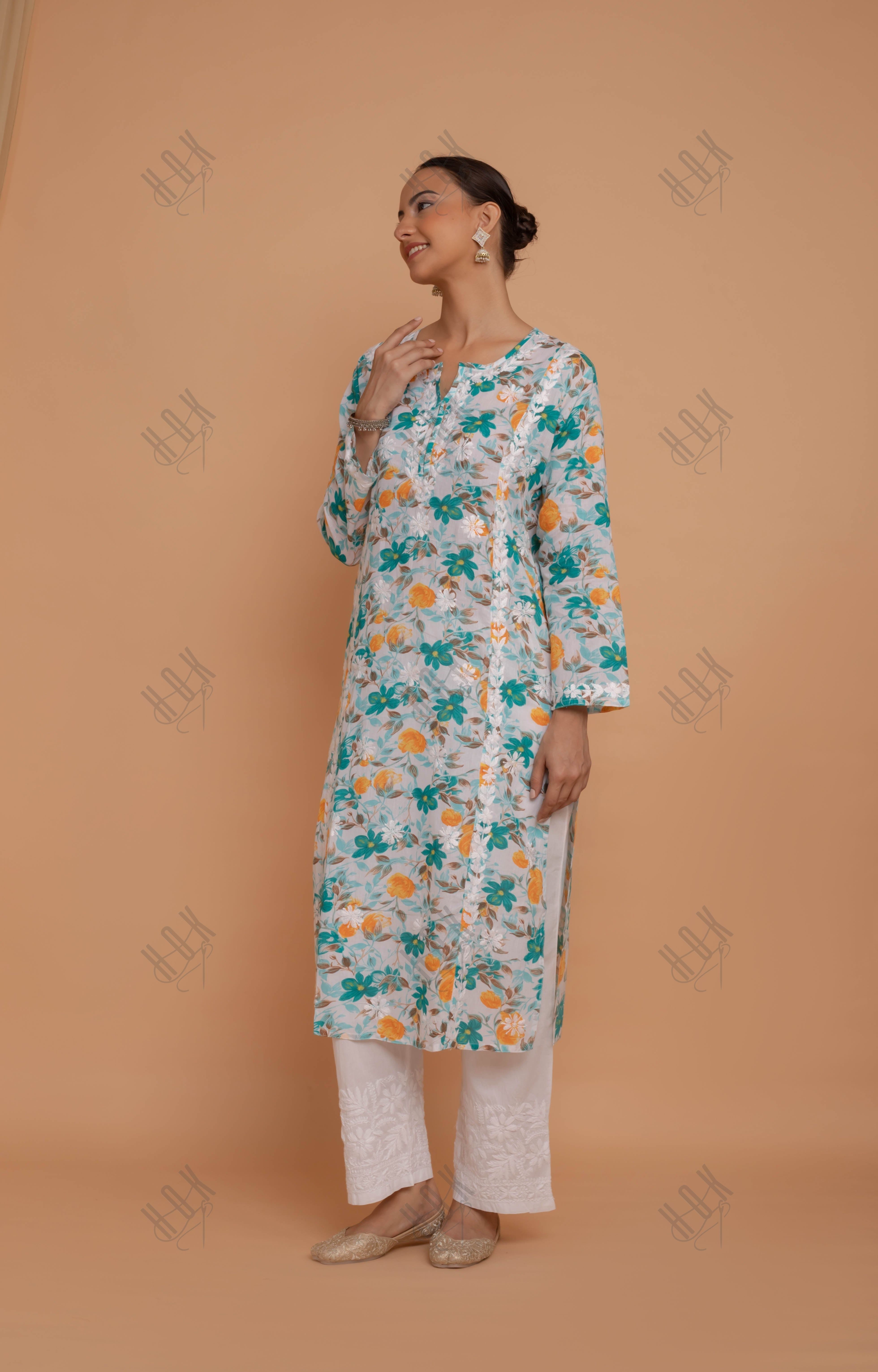 Saba Chikankari Kurta in Mul cotton in Turquoise Floral