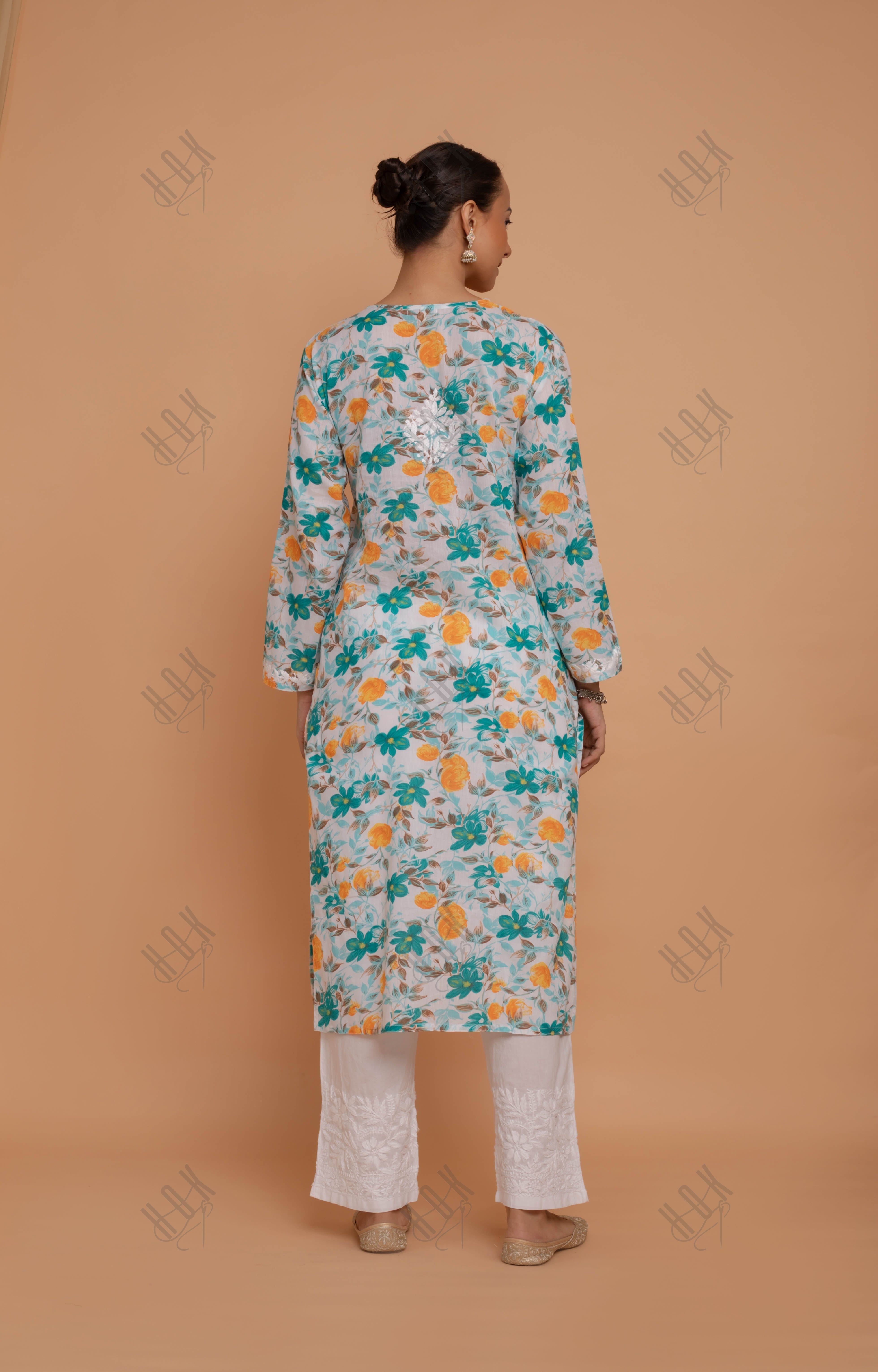 Saba Chikankari Kurta in Mul cotton in Turquoise Floral