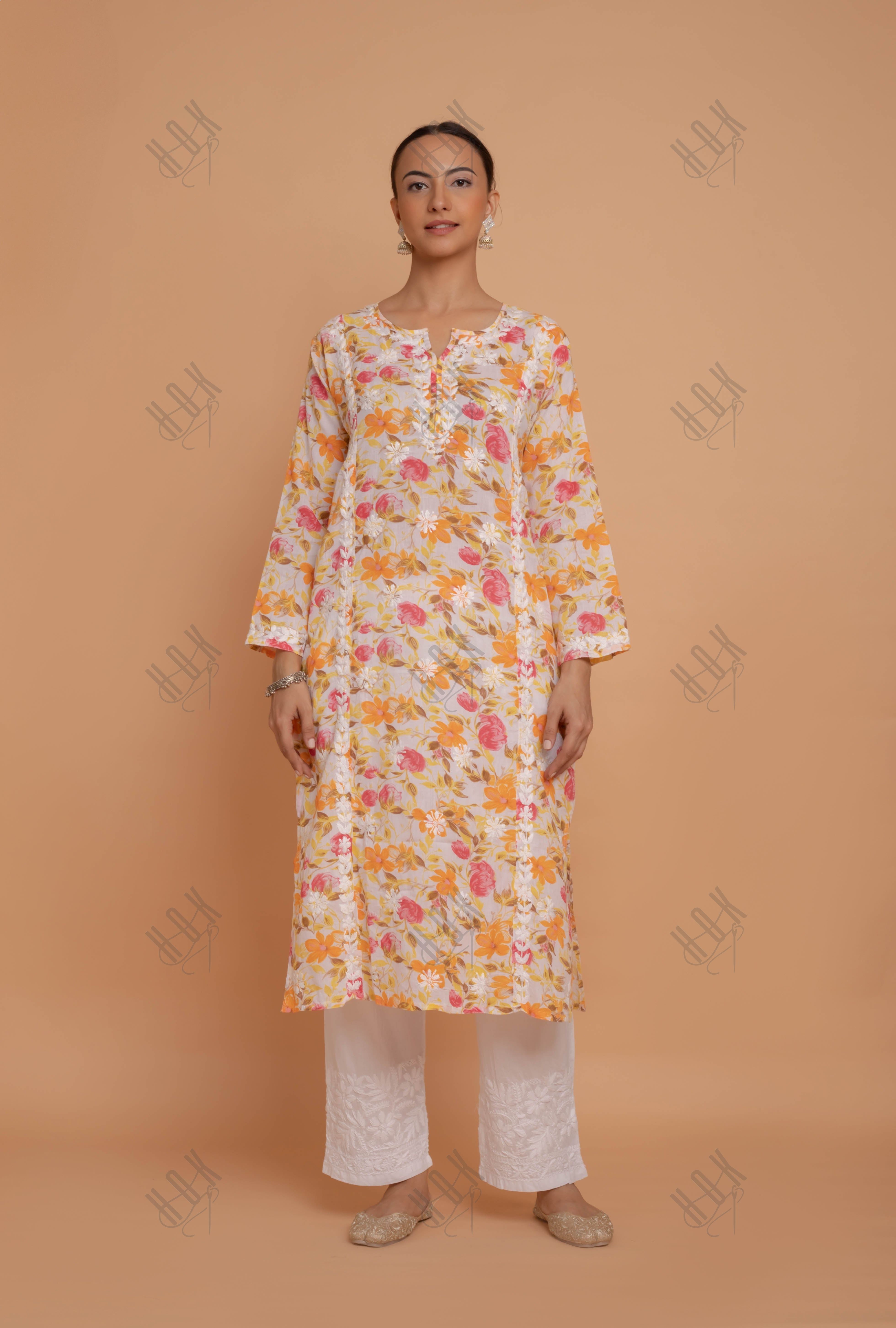 Saba Chikankari Kurta in Mul cotton in Yellow Floral