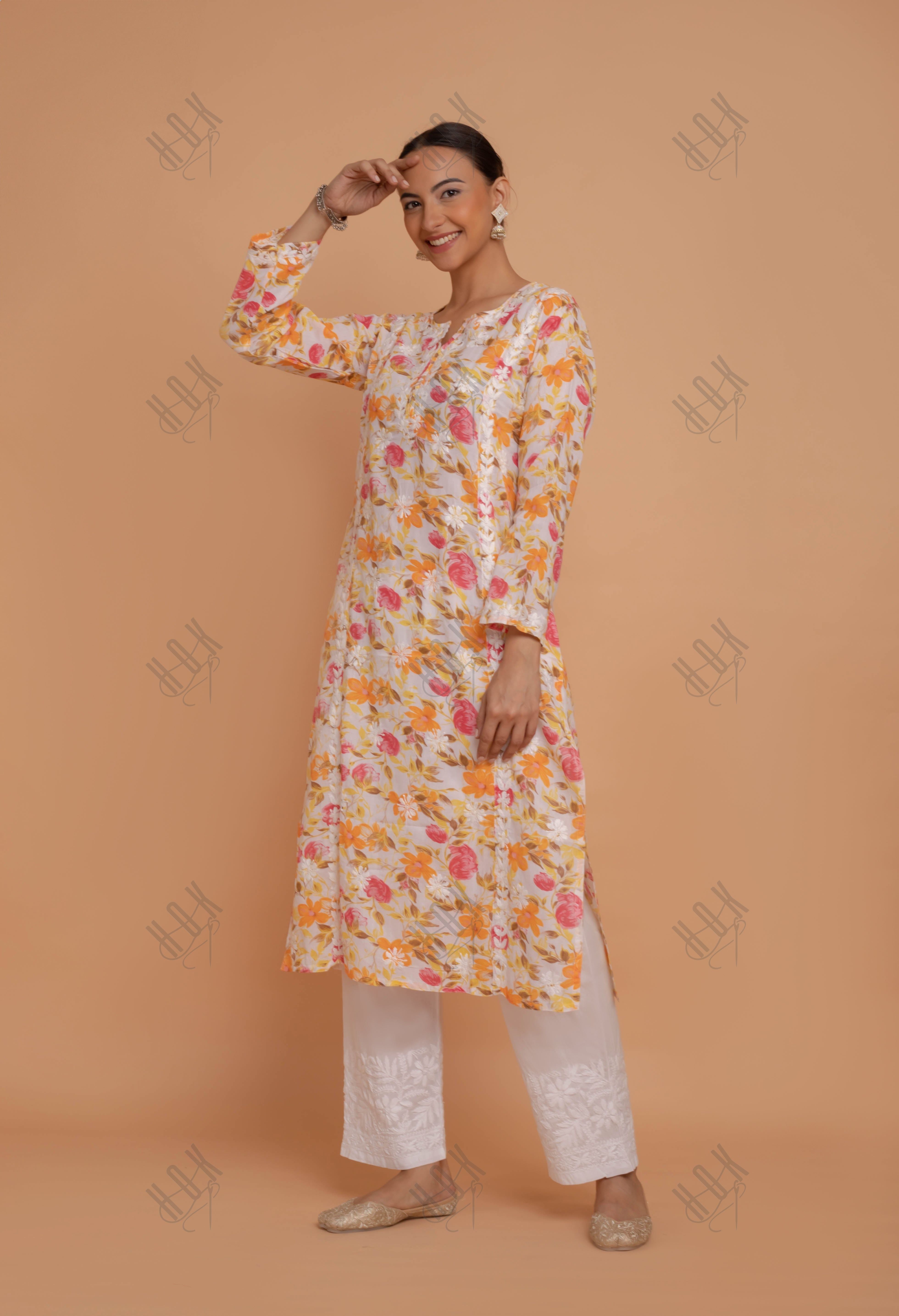 Saba Chikankari Kurta in Mul cotton in Yellow Floral