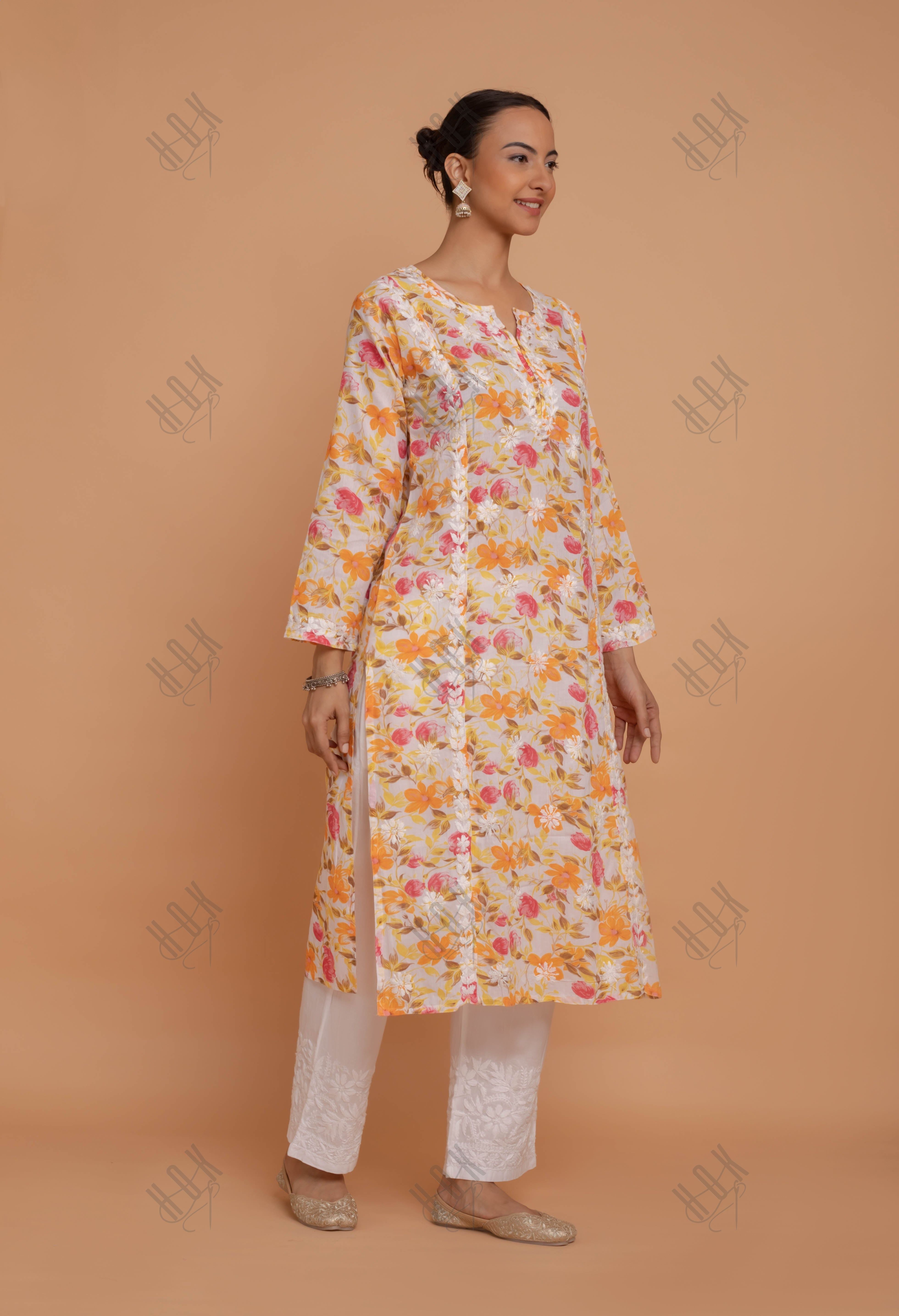 Saba Chikankari Kurta in Mul cotton in Yellow Floral