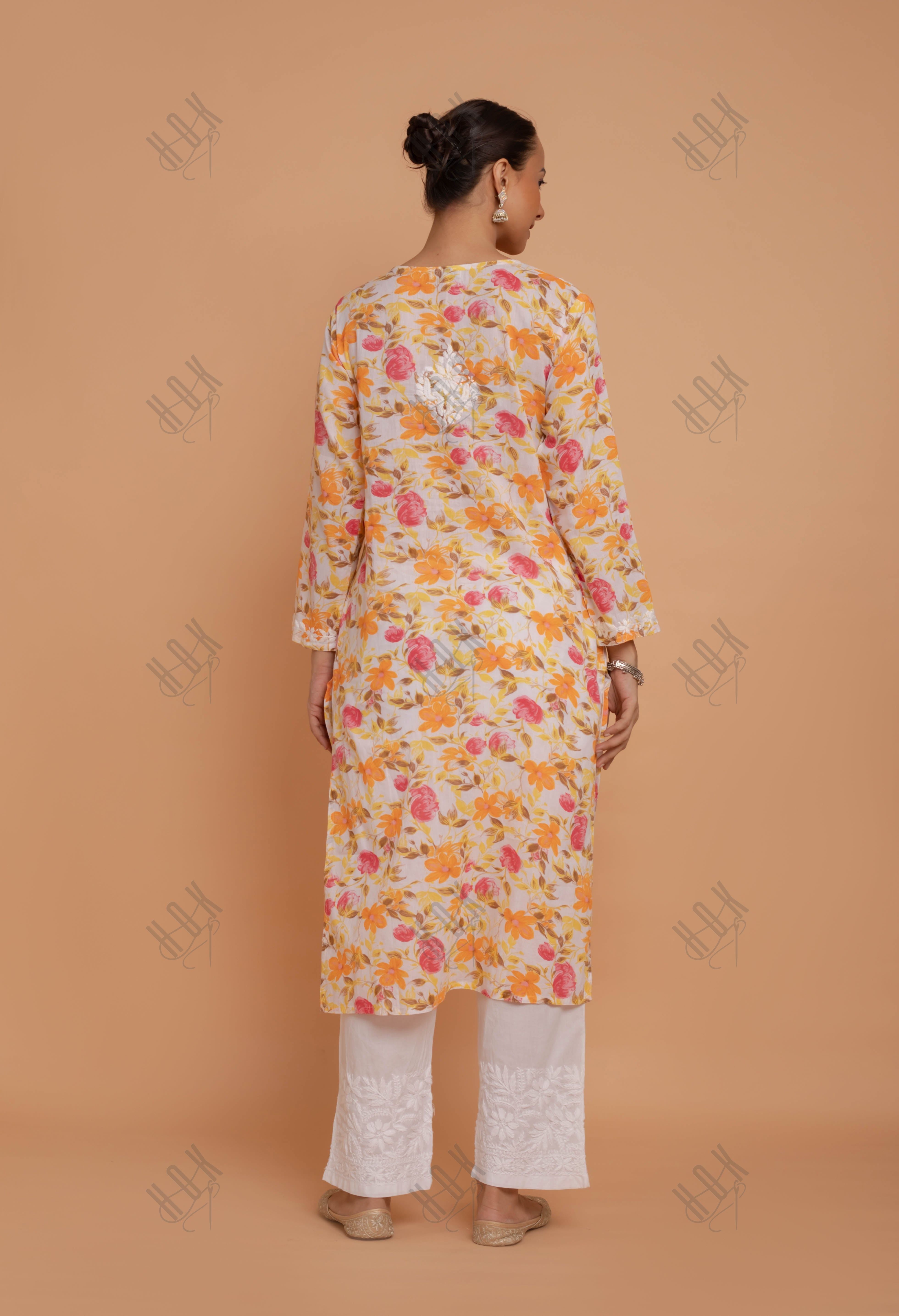 Saba Chikankari Kurta in Mul cotton in Yellow Floral