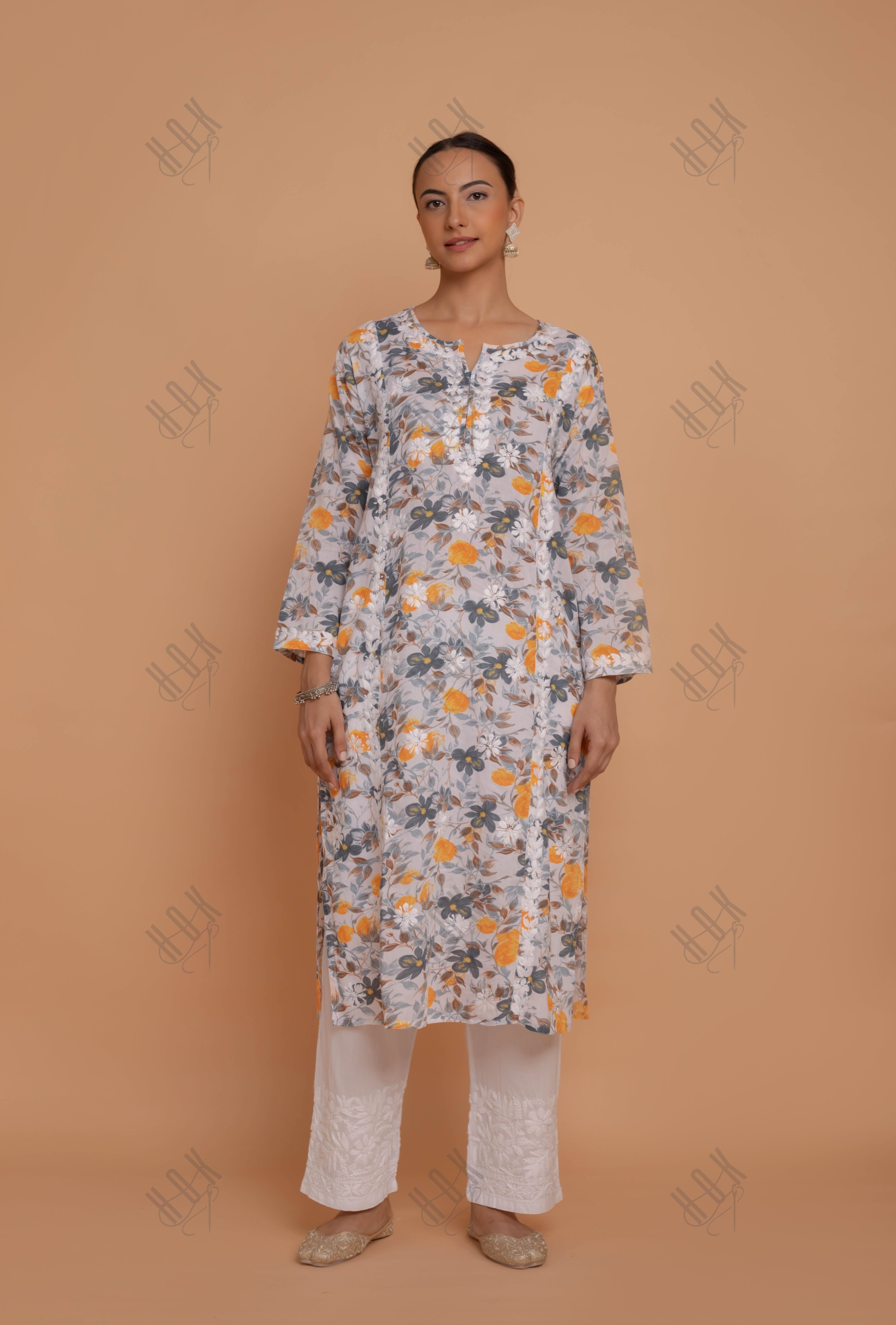 Saba Chikankari Kurta in Mul cotton in Grey Floral