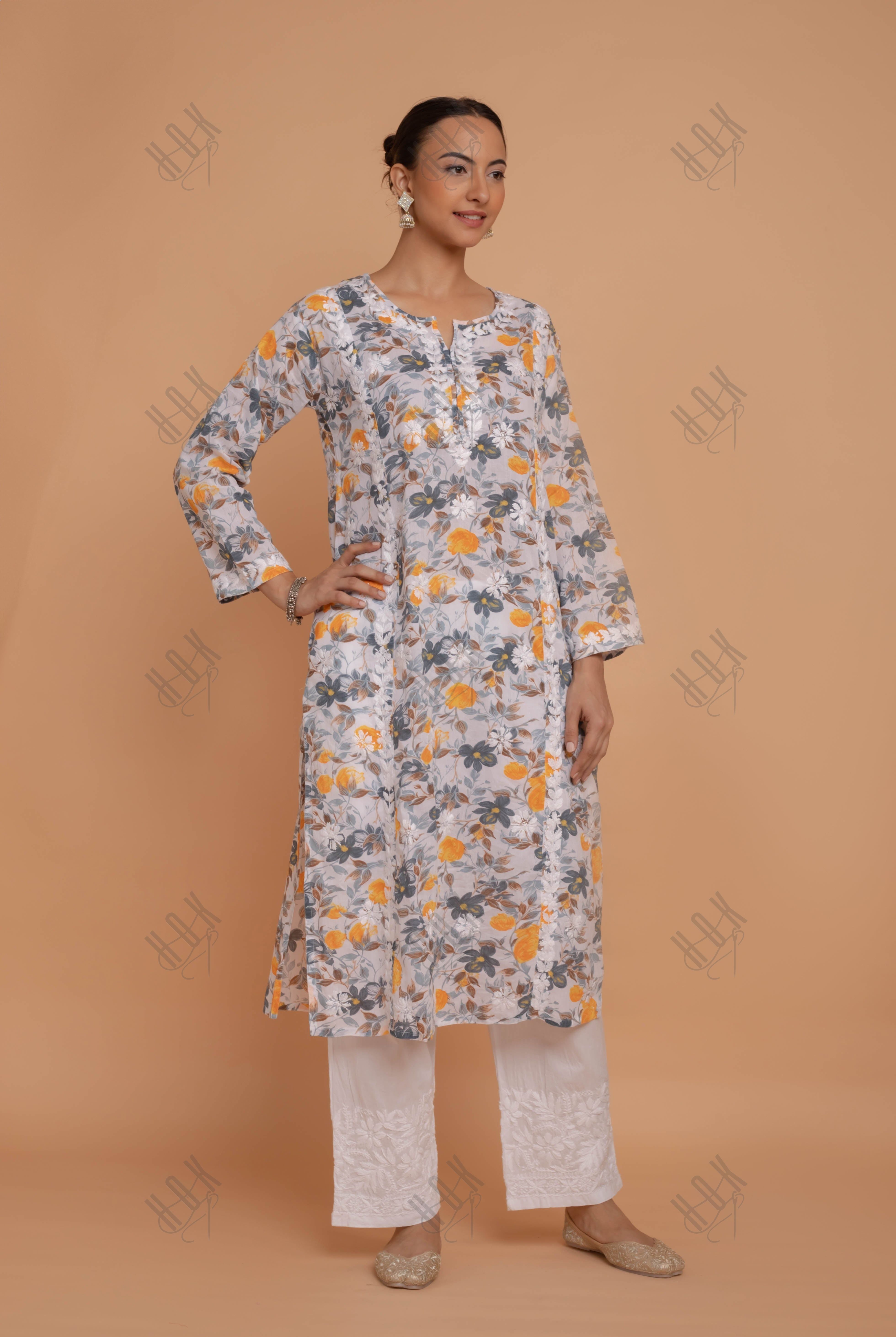 Saba Chikankari Kurta in Mul cotton in Grey Floral