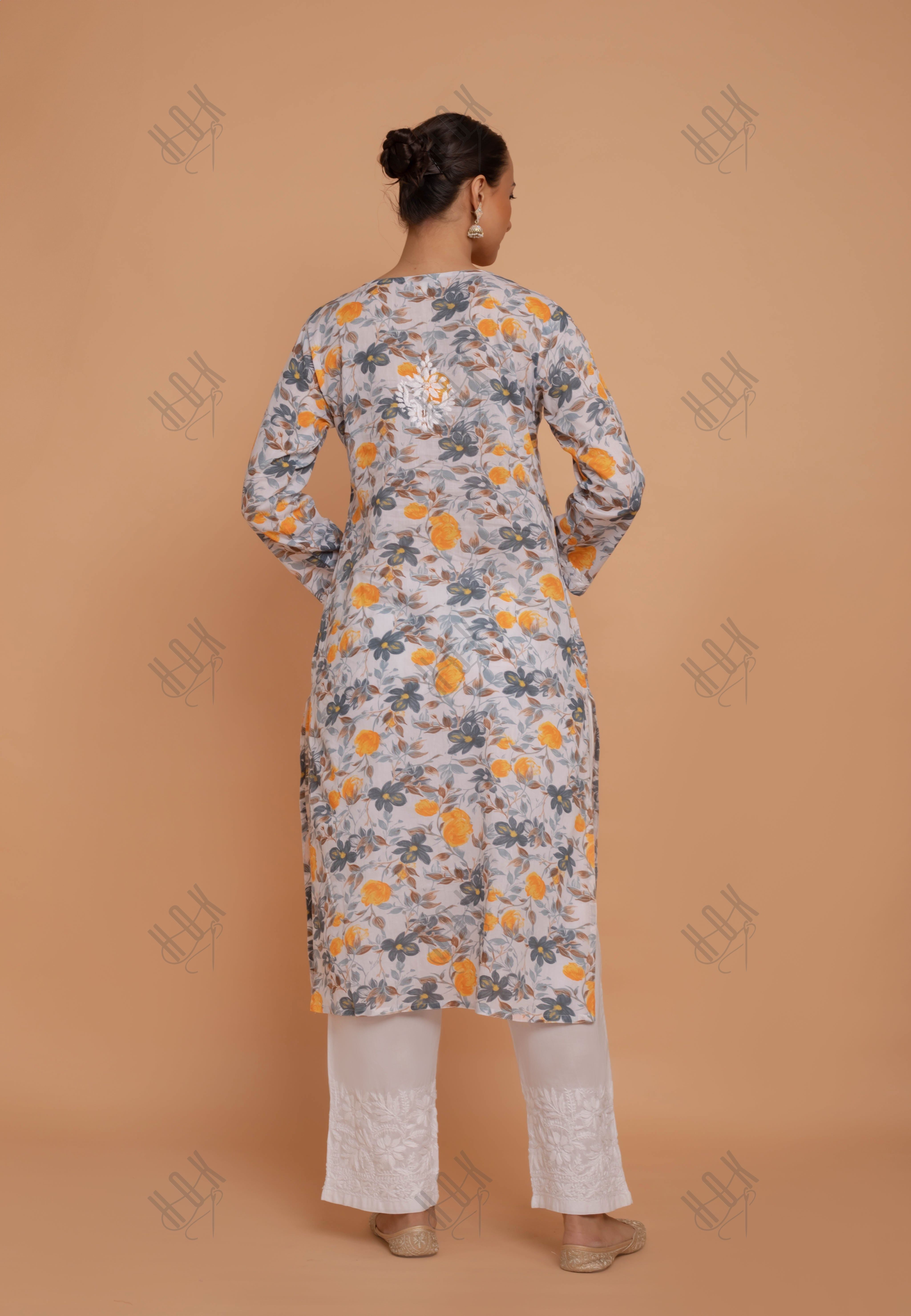 Saba Chikankari Kurta in Mul cotton in Grey Floral